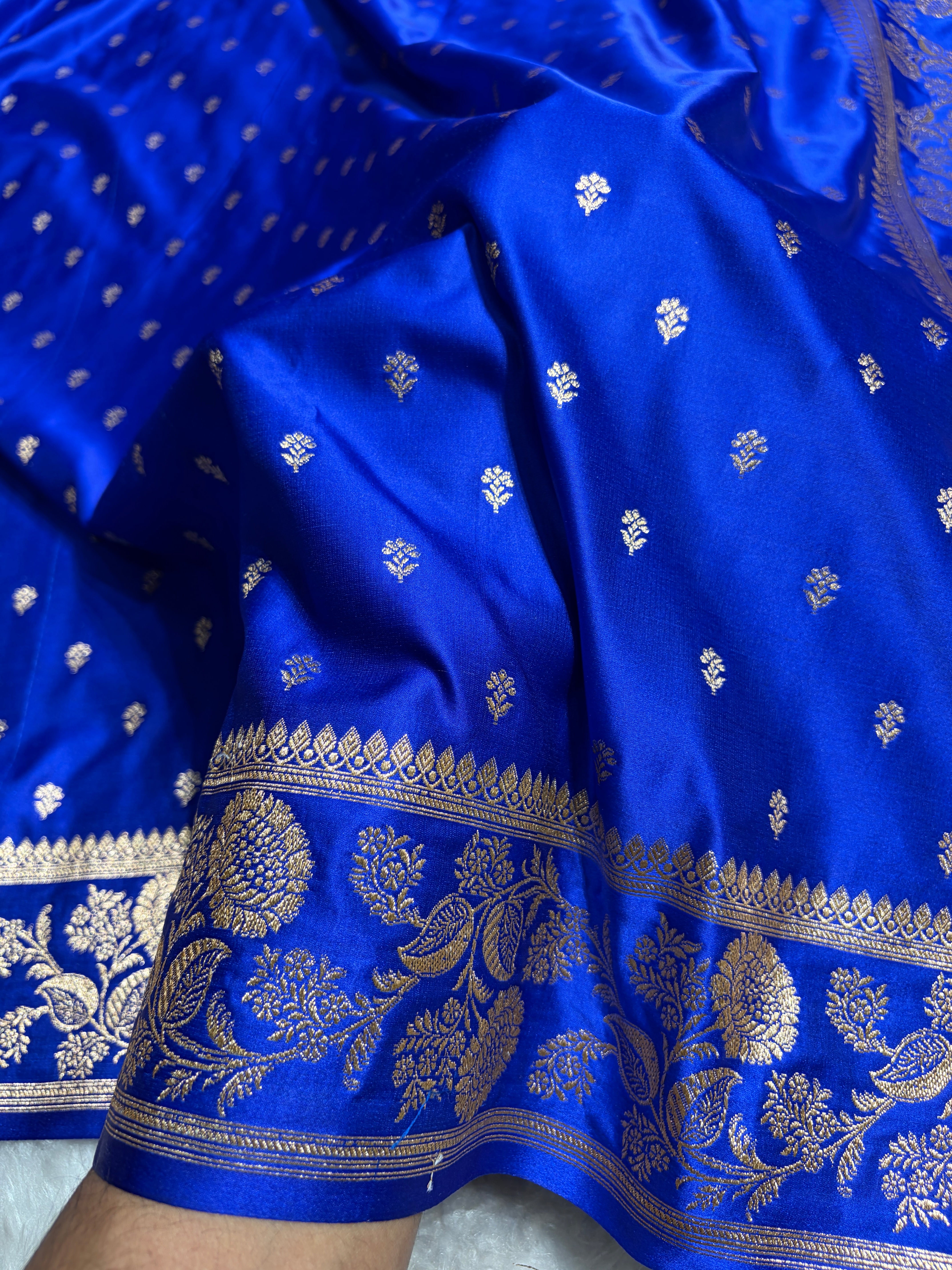 Royal Blue Floral Pattern Satin Katan Silk Saree SK77