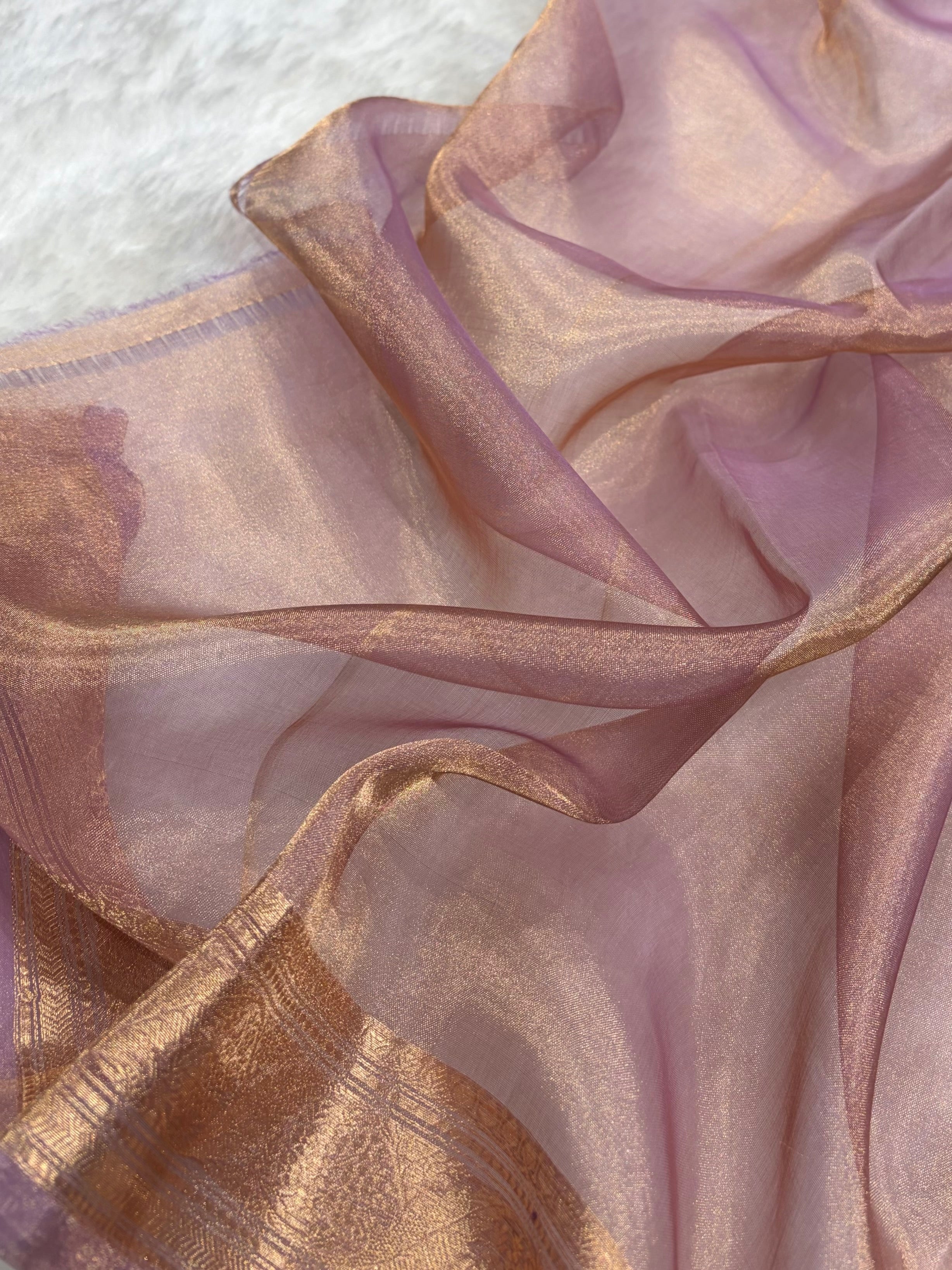 Pinkish Tusser Bananasi Floral Shades Pure Tissue Silk Saree PT-47