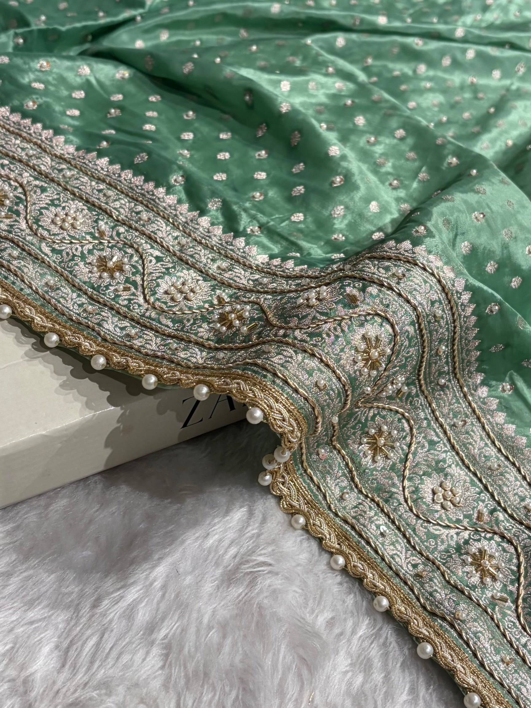 Sea Green Crepe Silk Katan With Zardozi and Gotta Patti Work Banarasi Saree BCSK-02