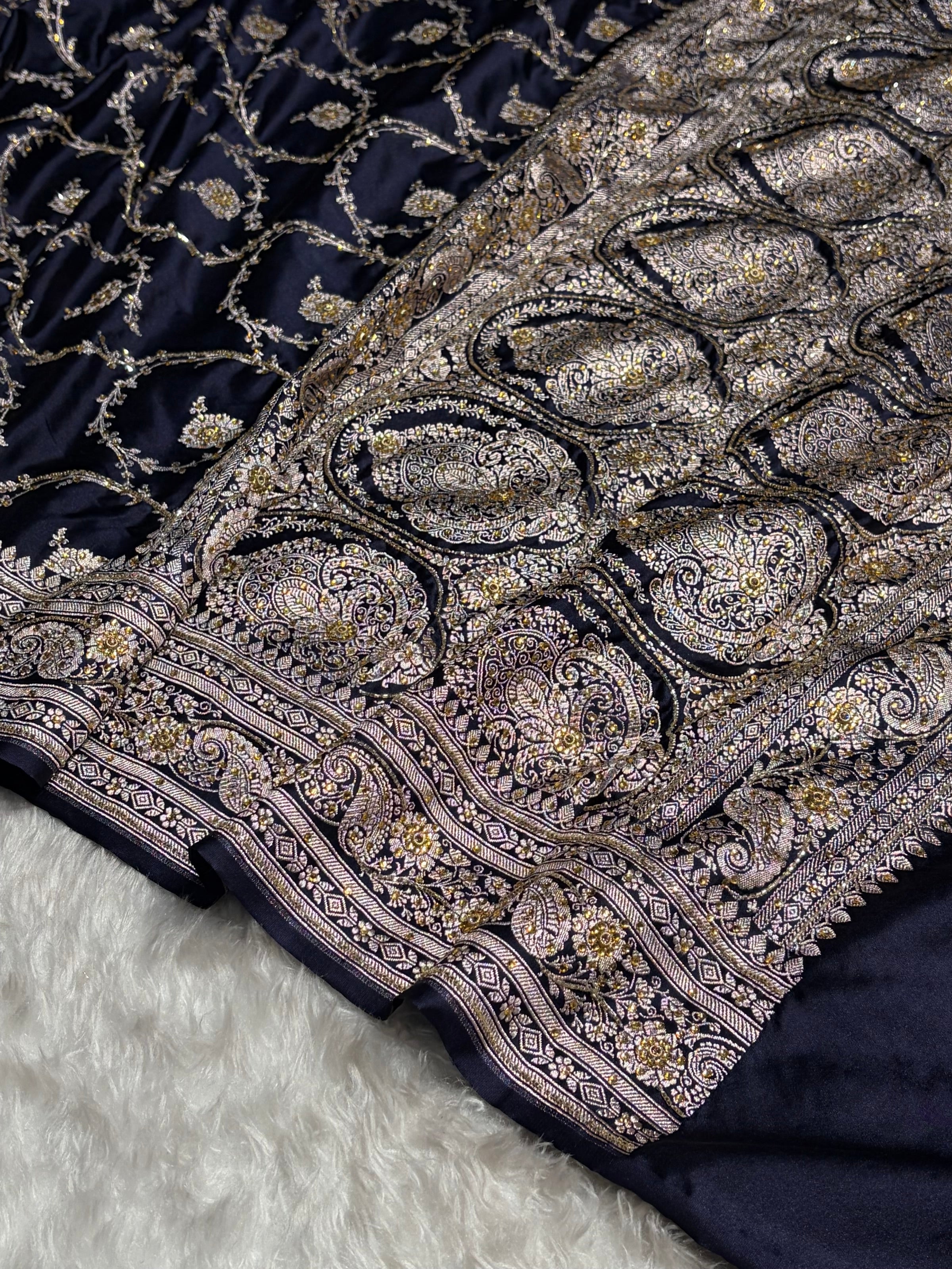 Banarasi Navy Blue Shades Jaal Mashru Silk Saree With Ari Stone Work BMS44