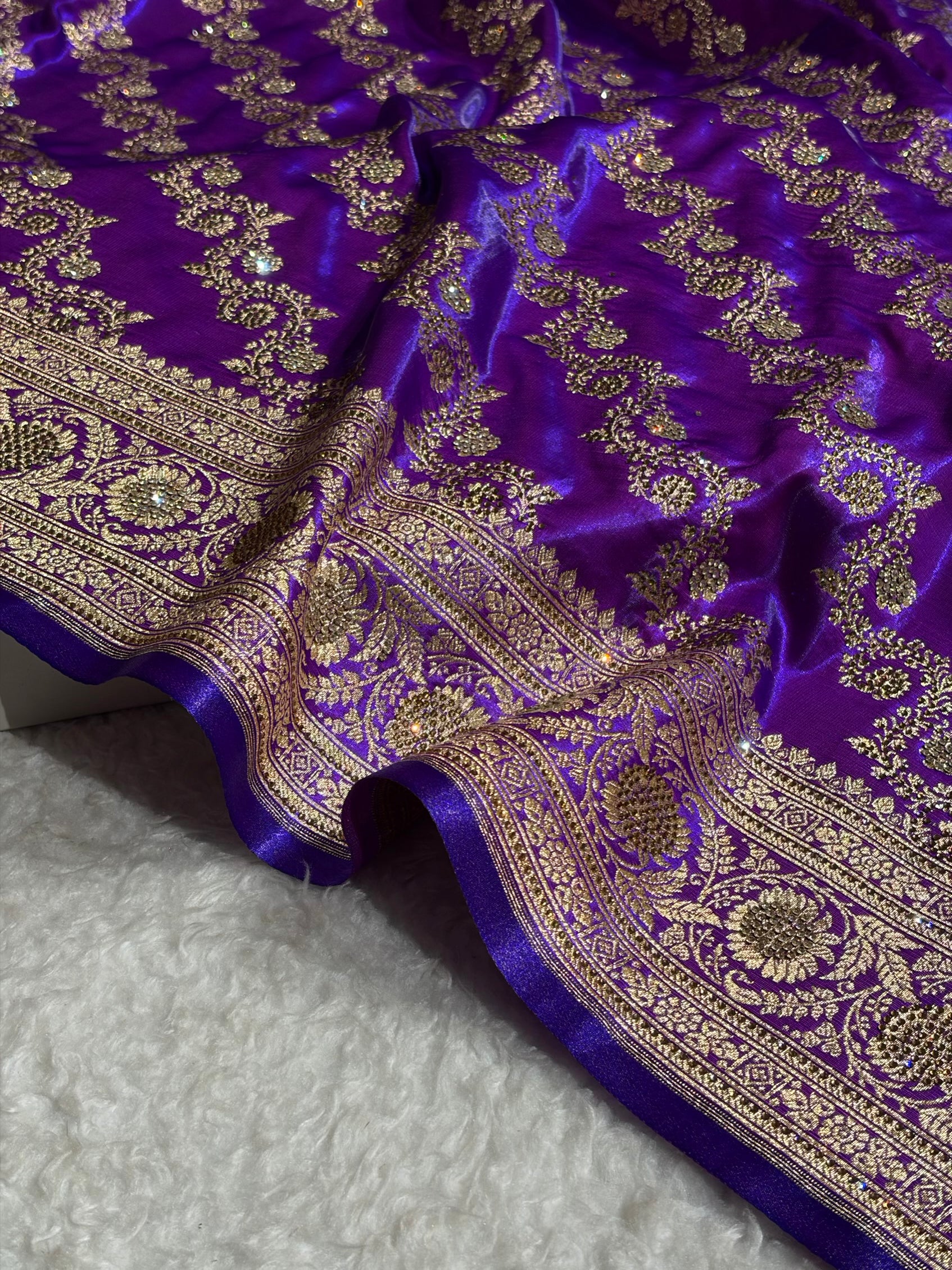 Banarasi Bridal Purple Shades With Swarovski Stone and White Stone Work Satin Silk Saree BSS32