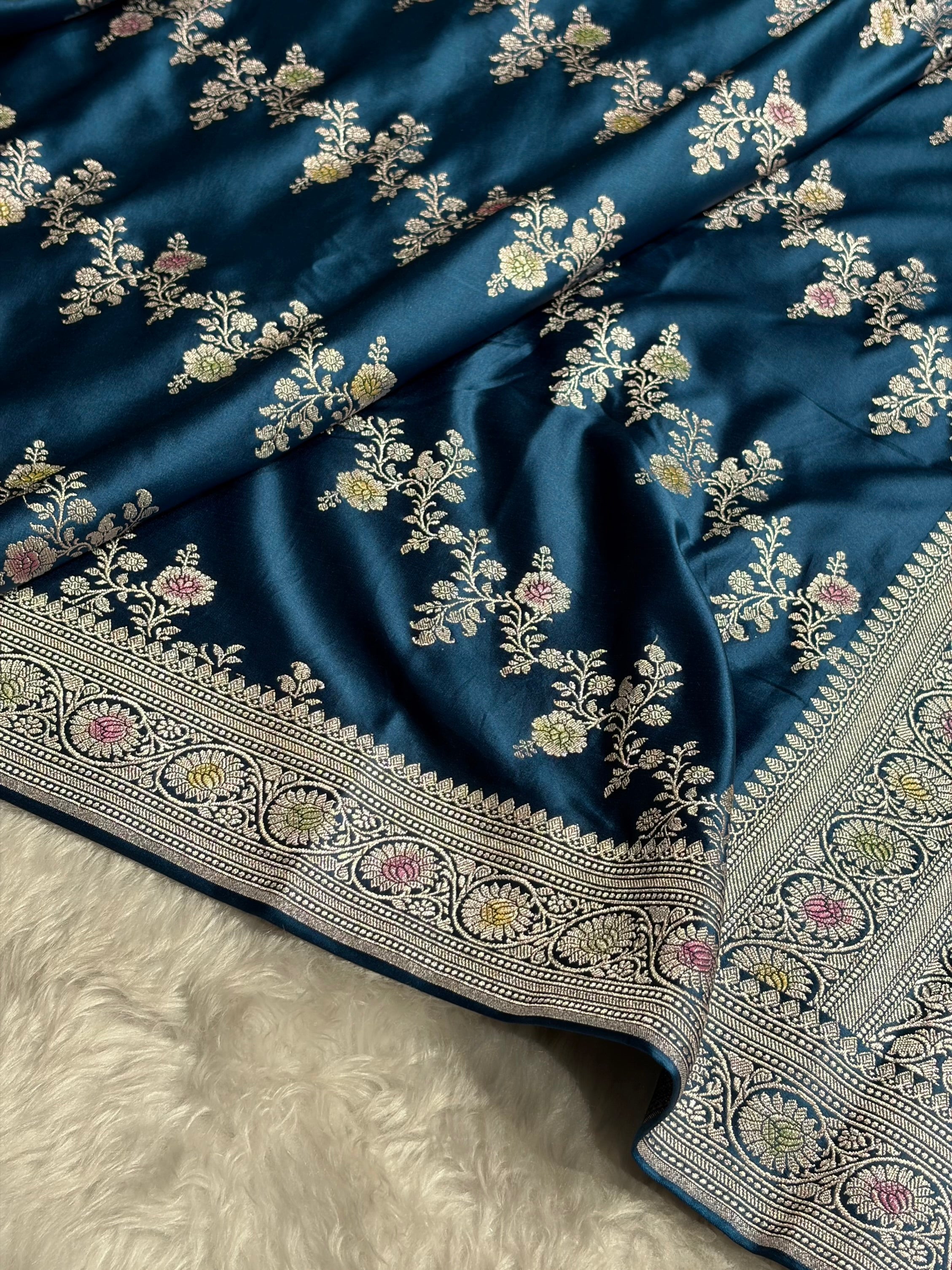 German Blue Minakari Cross Pattern Mashru Silk Saree MCS01