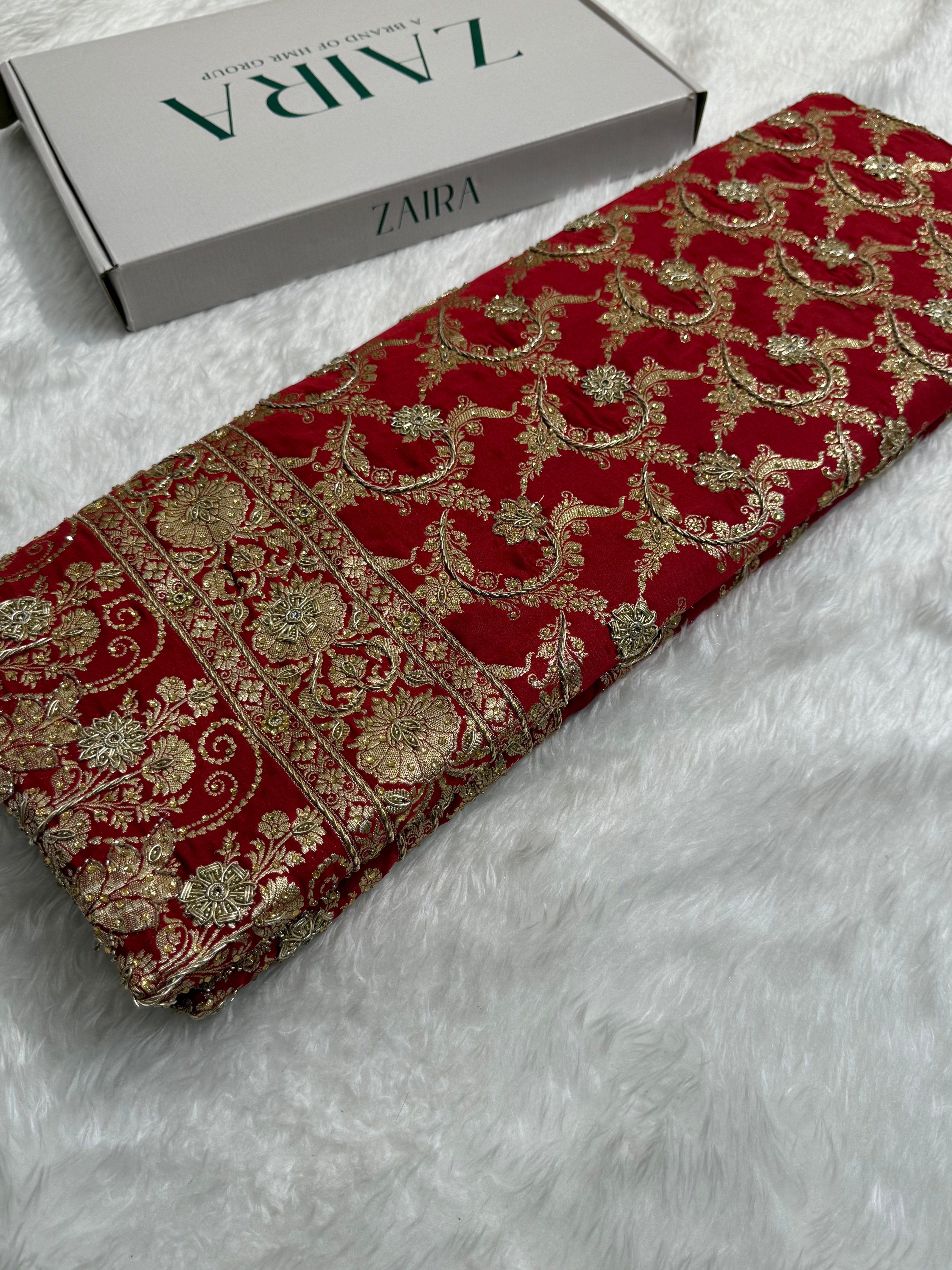 Bridal Maroon Pure Katan Silk Banarasi Saree with Zardozy, Ari and Stone work