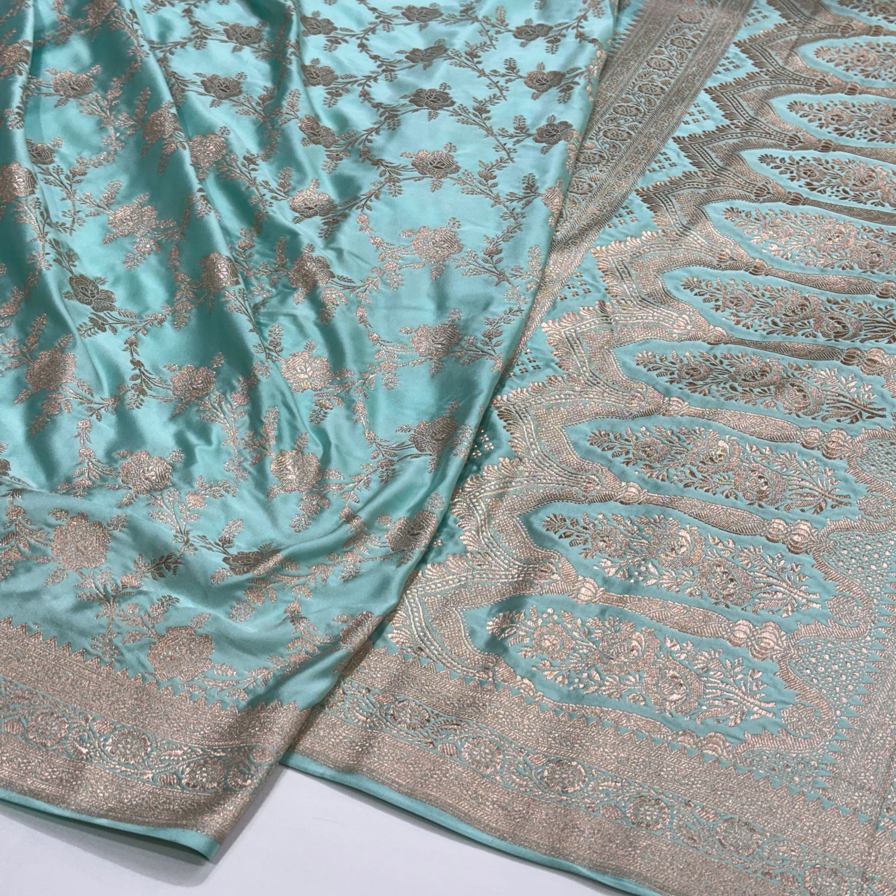 Powder Blue Floral Jaal Mashru Silk Saree