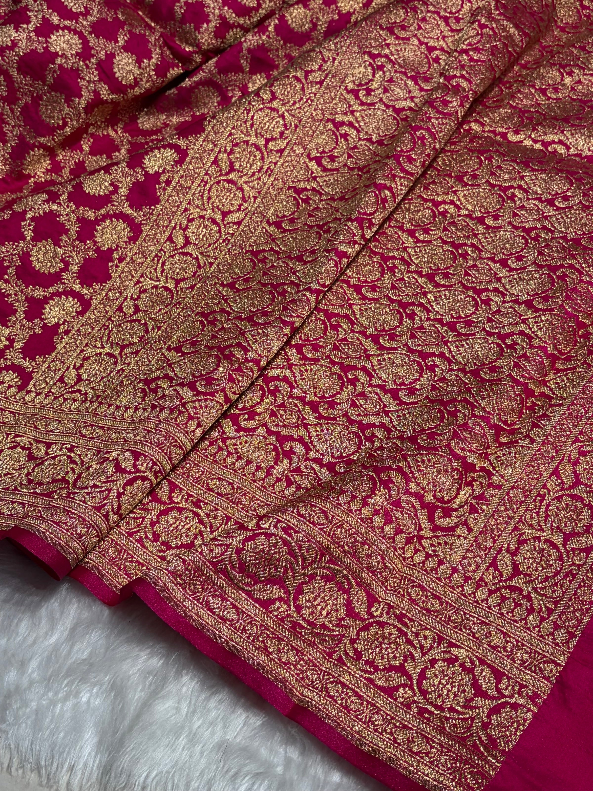 Satin Silk Jaal Pattern in Cross Rani Shades