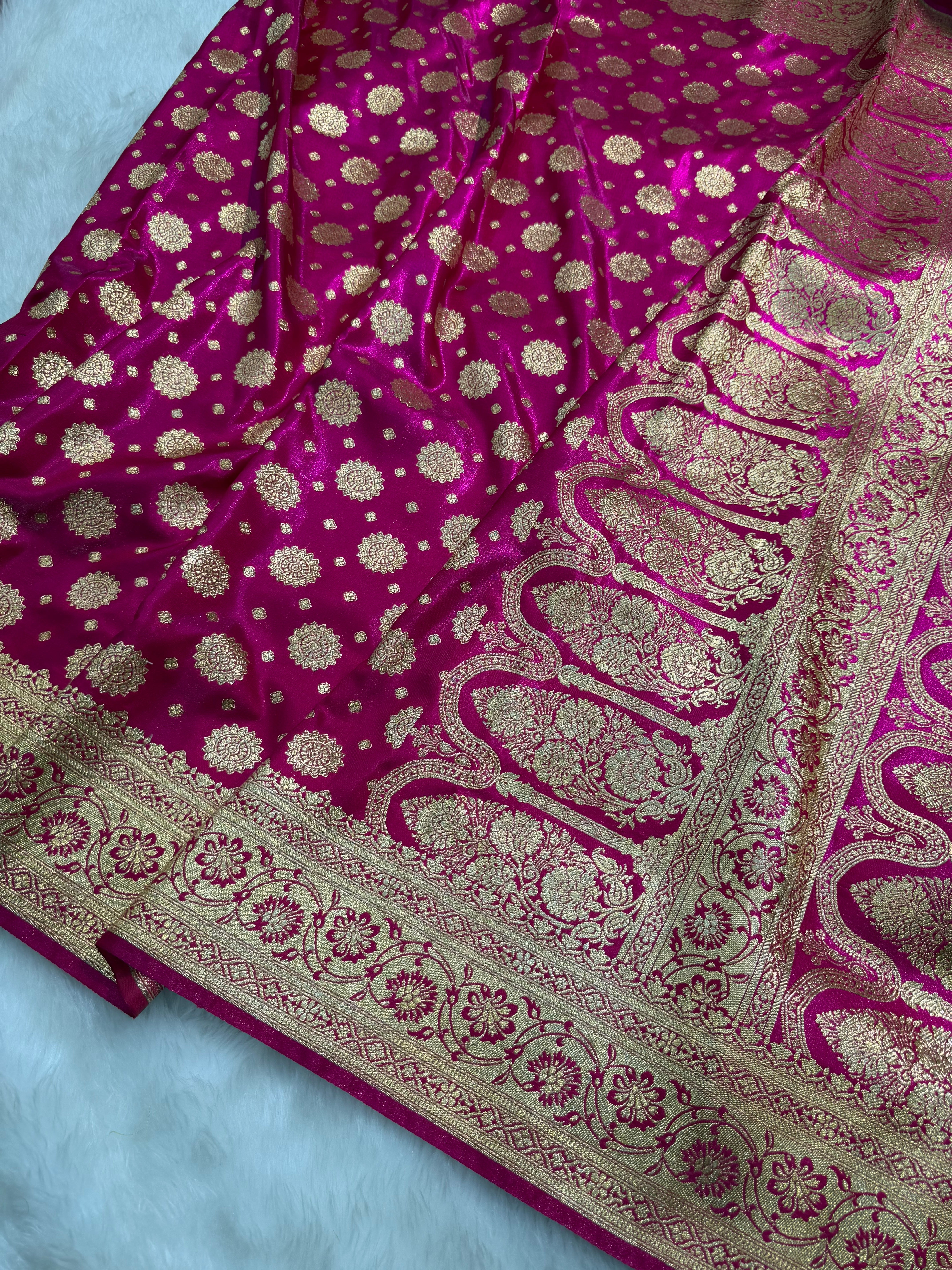 Satin Silk Booti Boota in Rani Shades