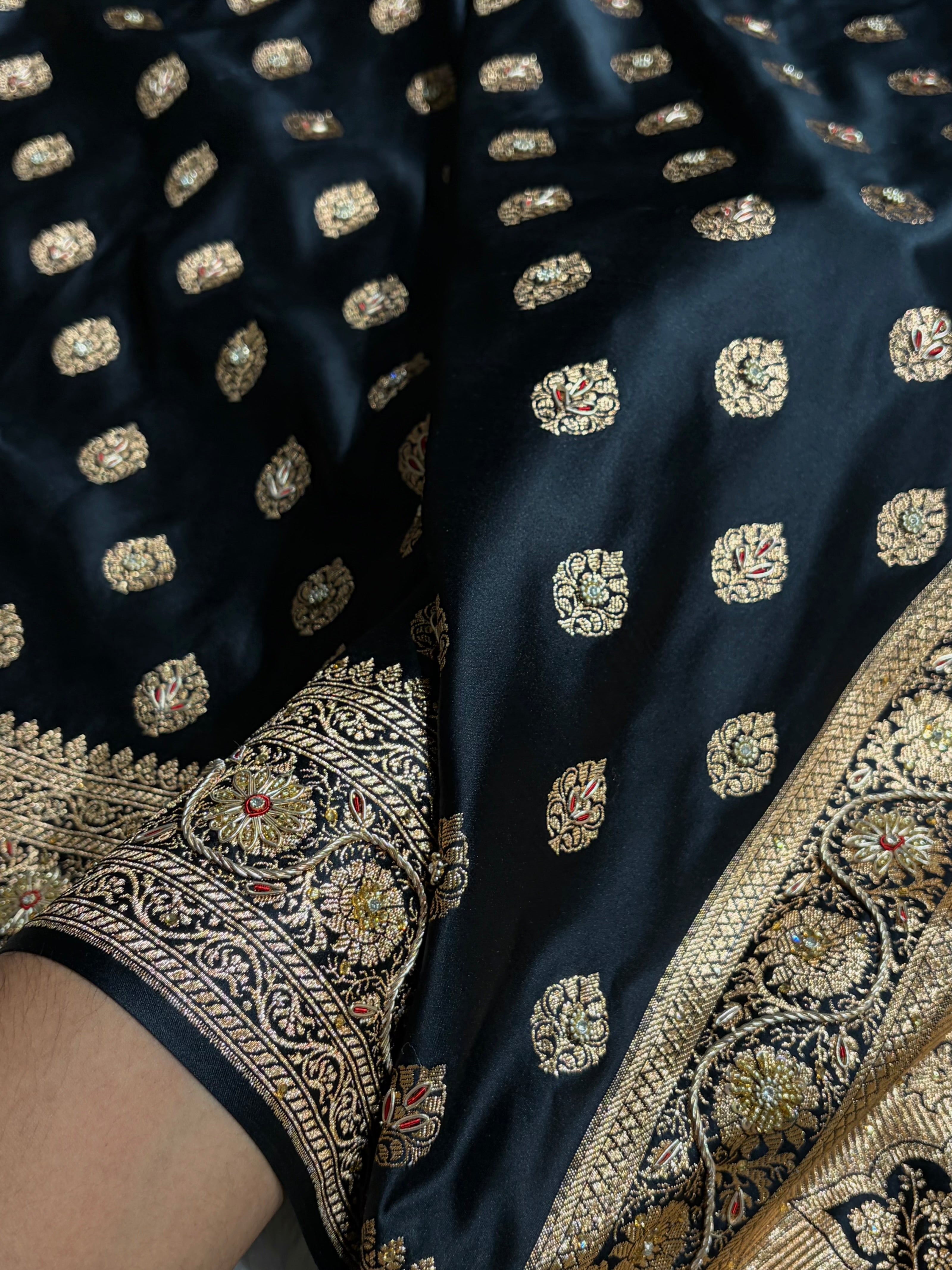 Banarasi Boota Katan Silk Saree In Black Shades With Ari Zardozi Work BSK02