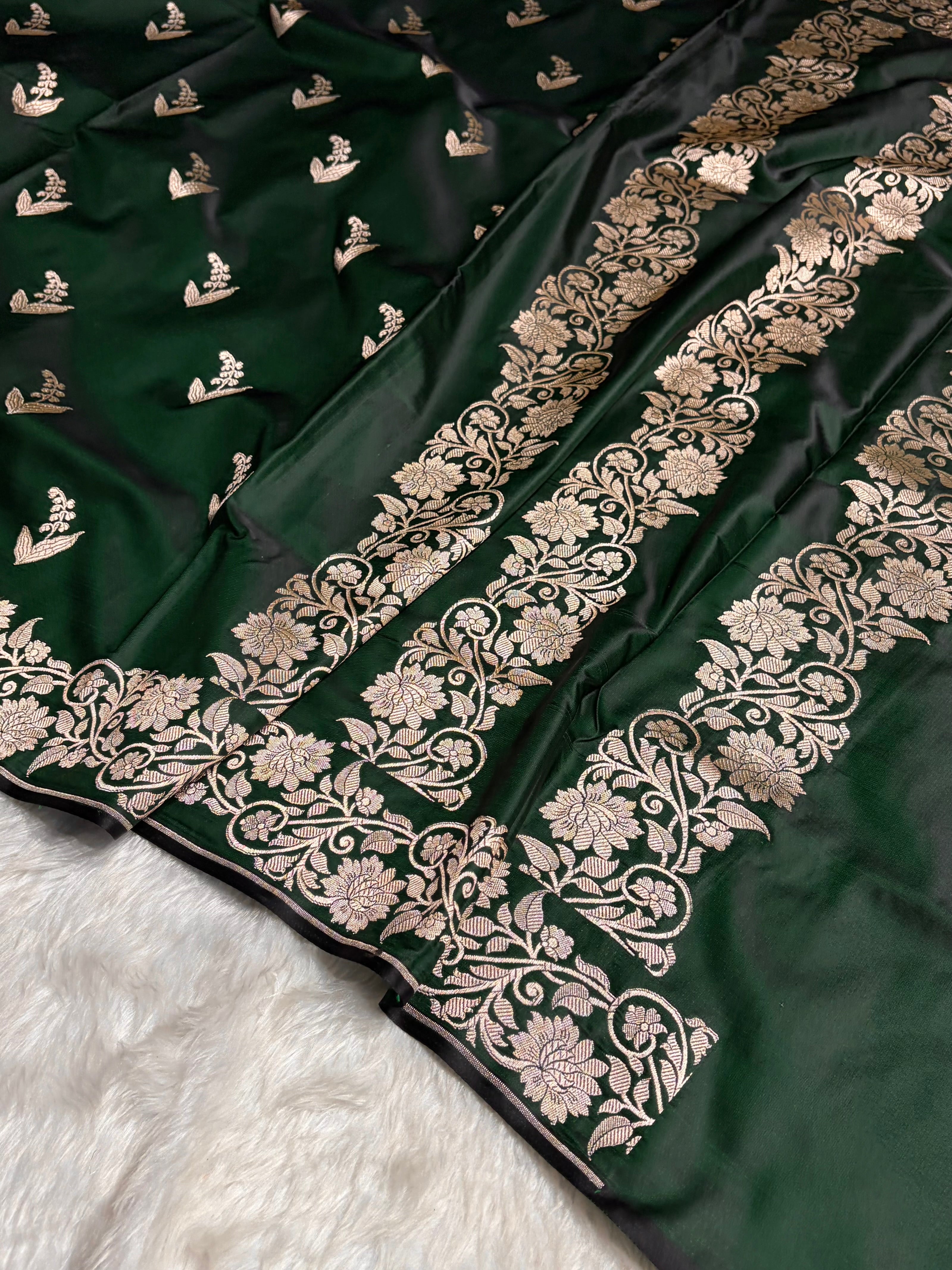 Dark Bottle Green Boota With Floral Border Mashru Silk Saree MSM-90