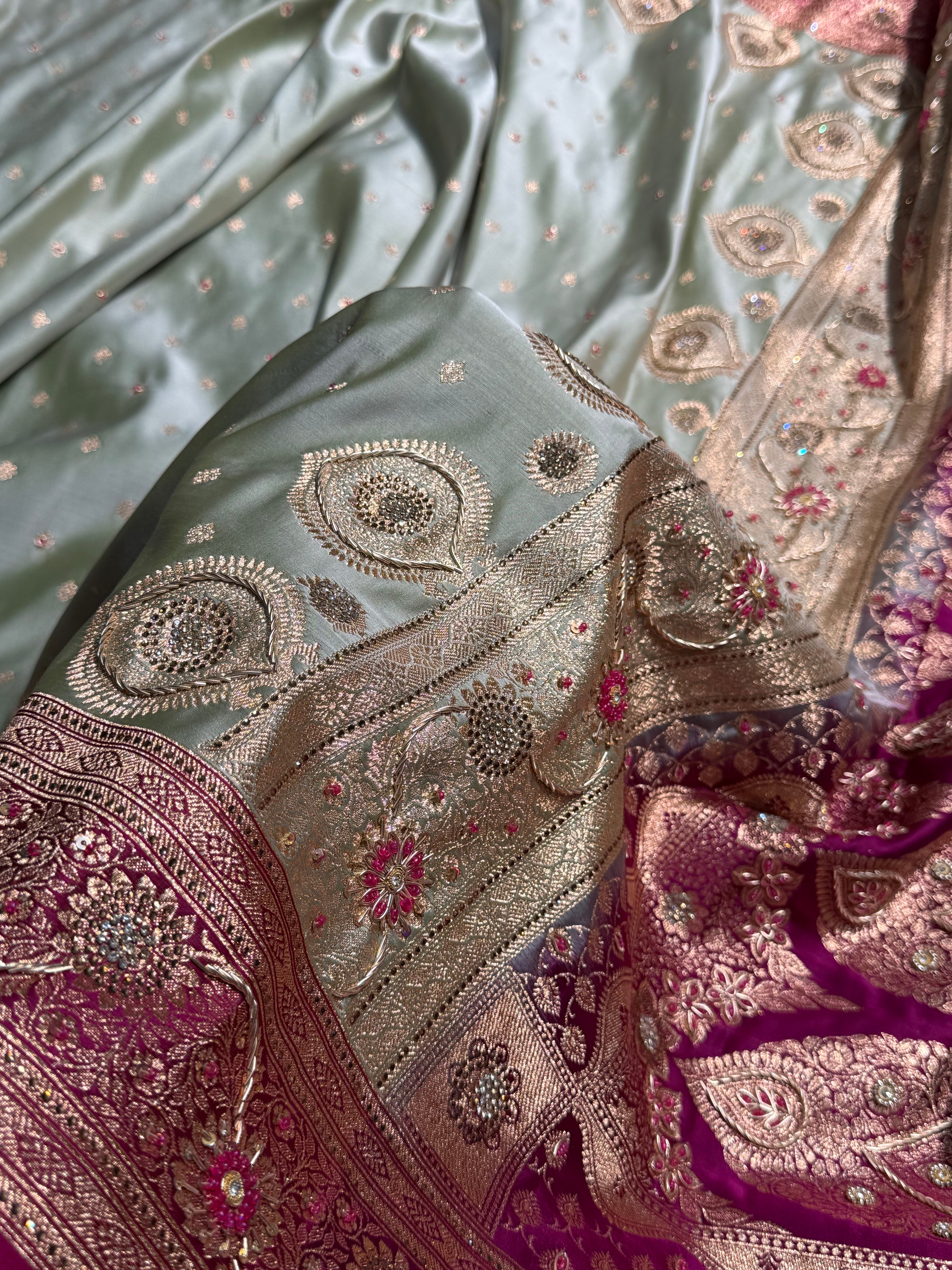 Mehandi Wine Contrast Booti With Ari & Zardozi Work Satin Katan Silk saree BSK29