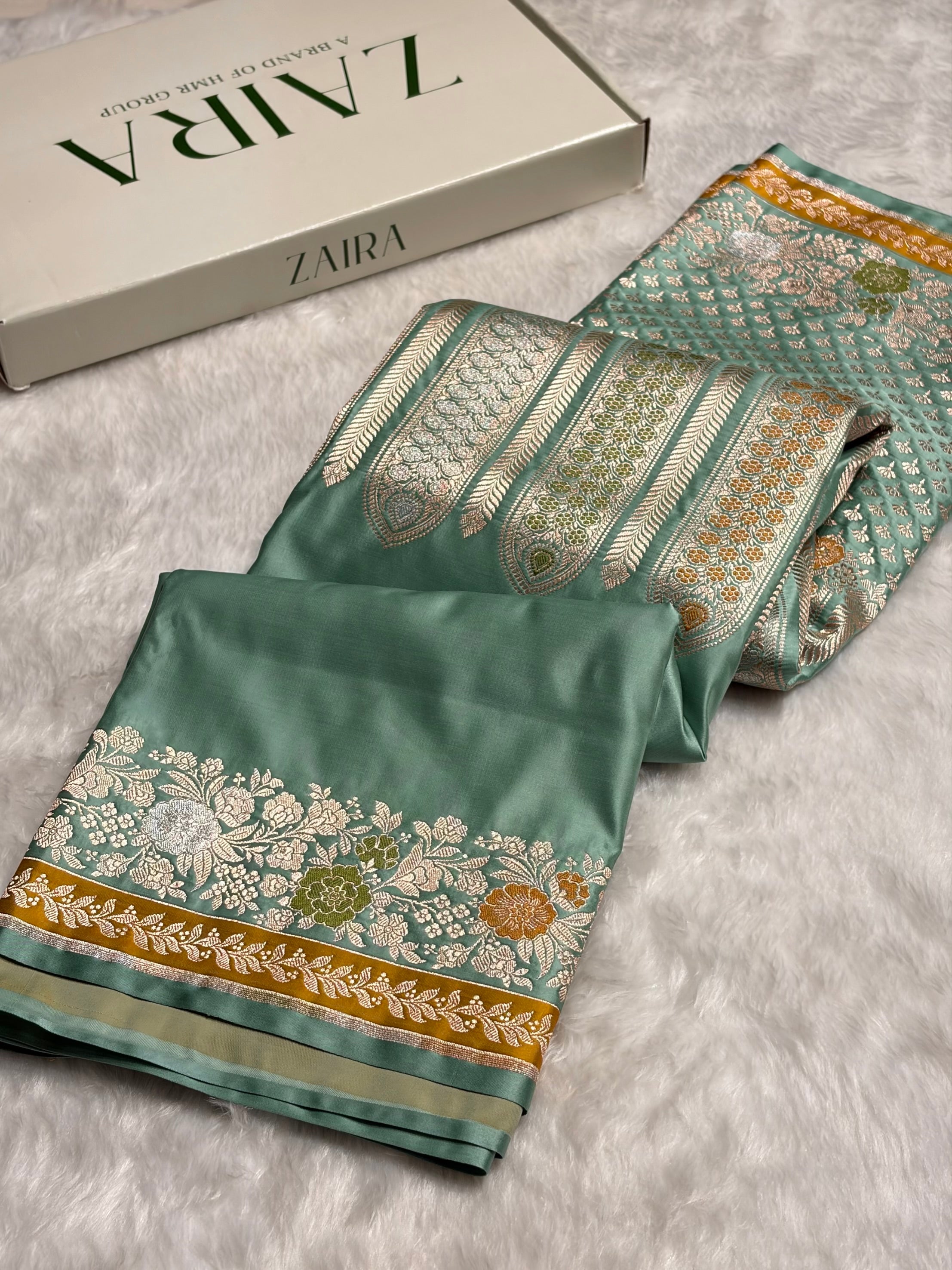 Turquoise Shades Floral Minakari Skirt Border Mashru Silk Saree MSM-83