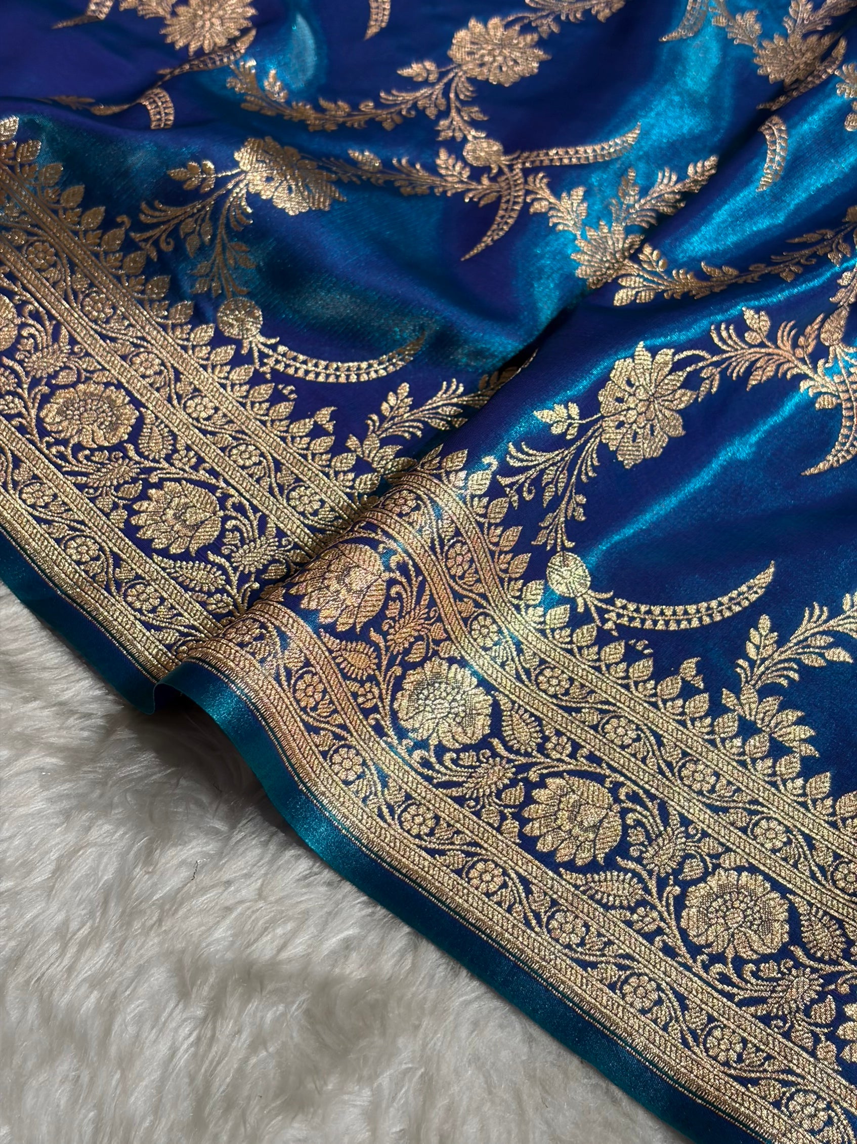 Banarasi Satin Silk Banarasi Jaal In Cross Firozi Shades SS18