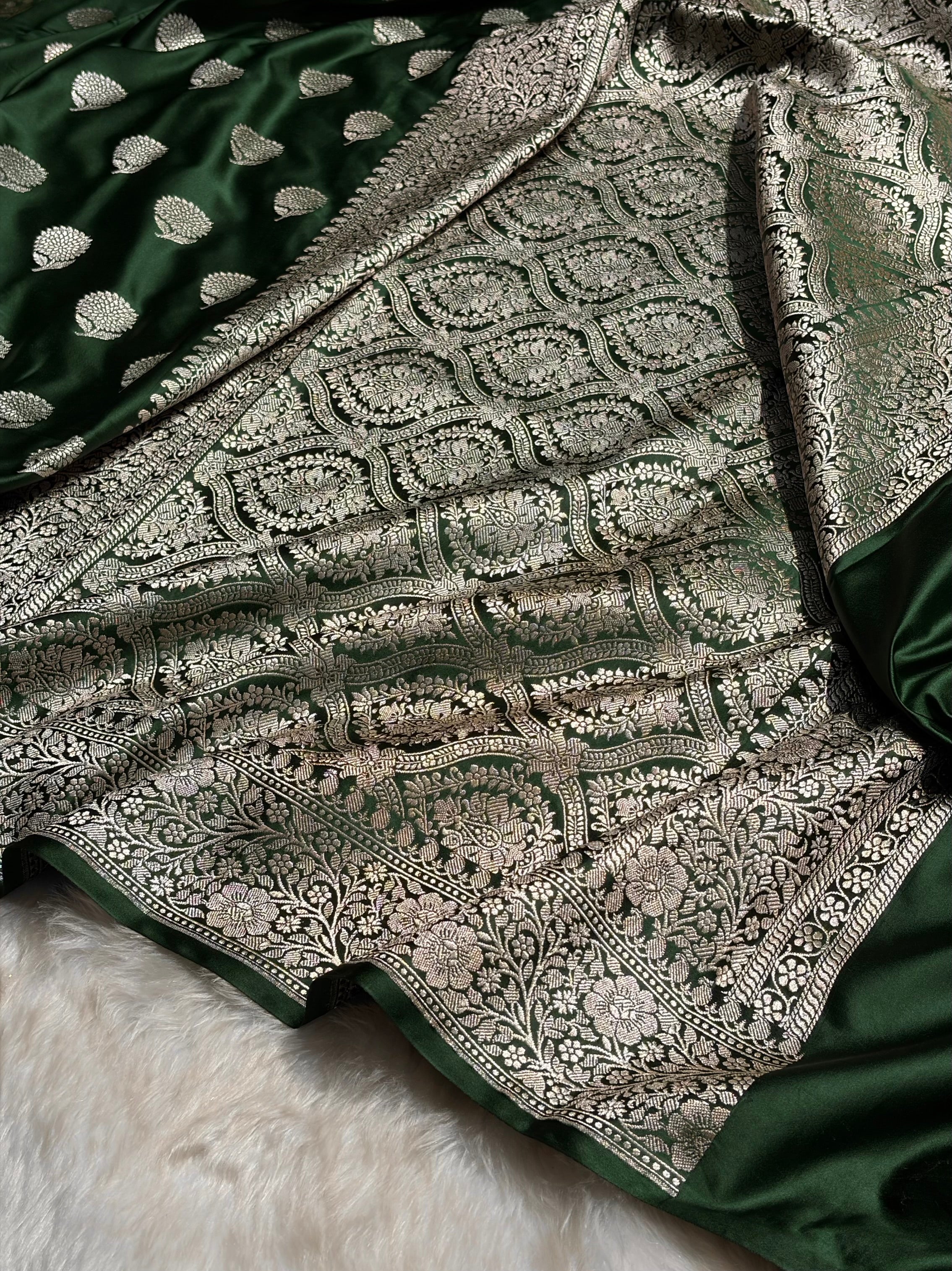 Bottle Green Tree Boota Minakari Mashru Silk Saree MS19