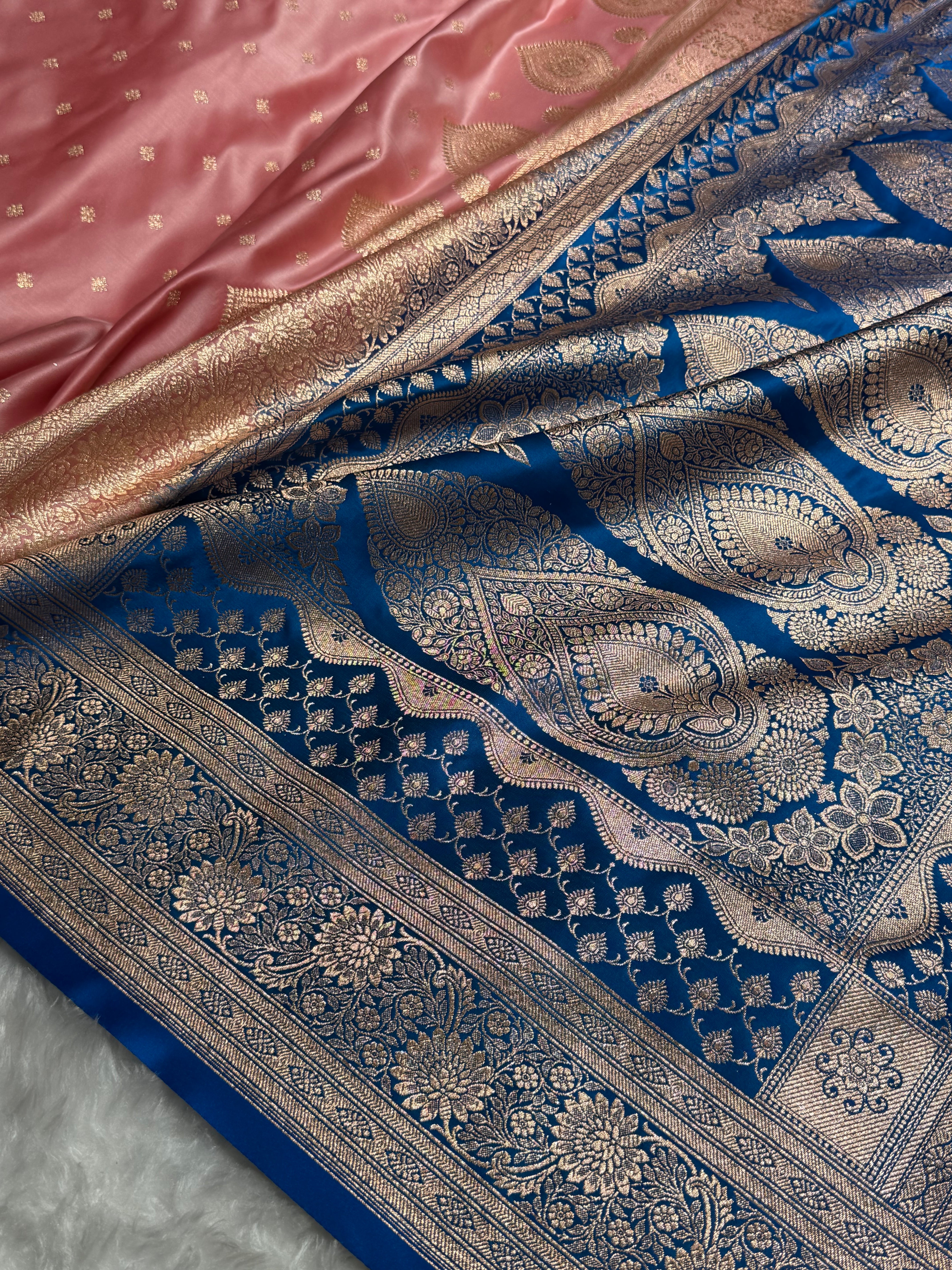Baby Pink with Blue Booti Satin Katan Silk saree SK29