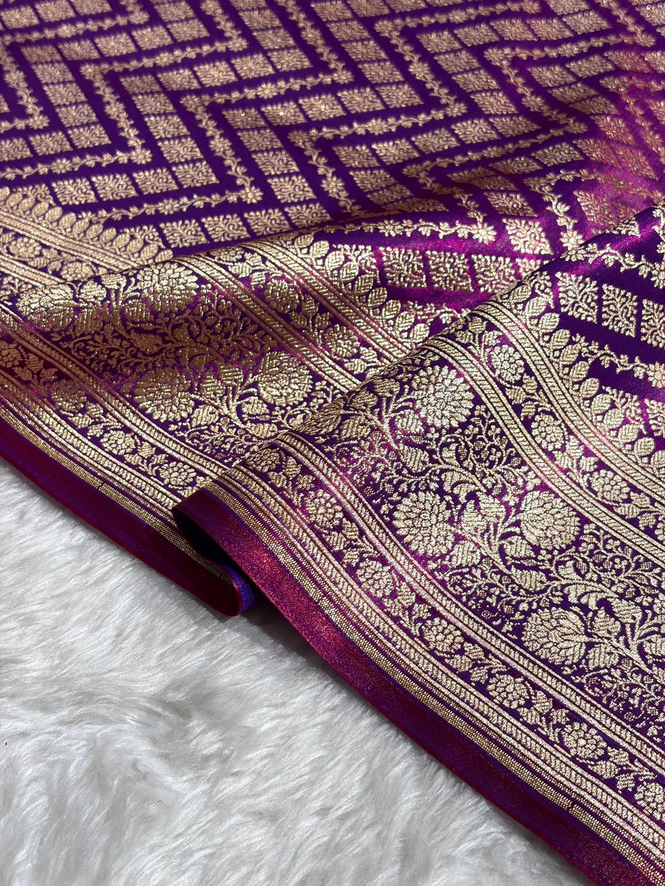 Cross Purple Shades Jaal Pattern Banarasi Satin Silk Saree SS56