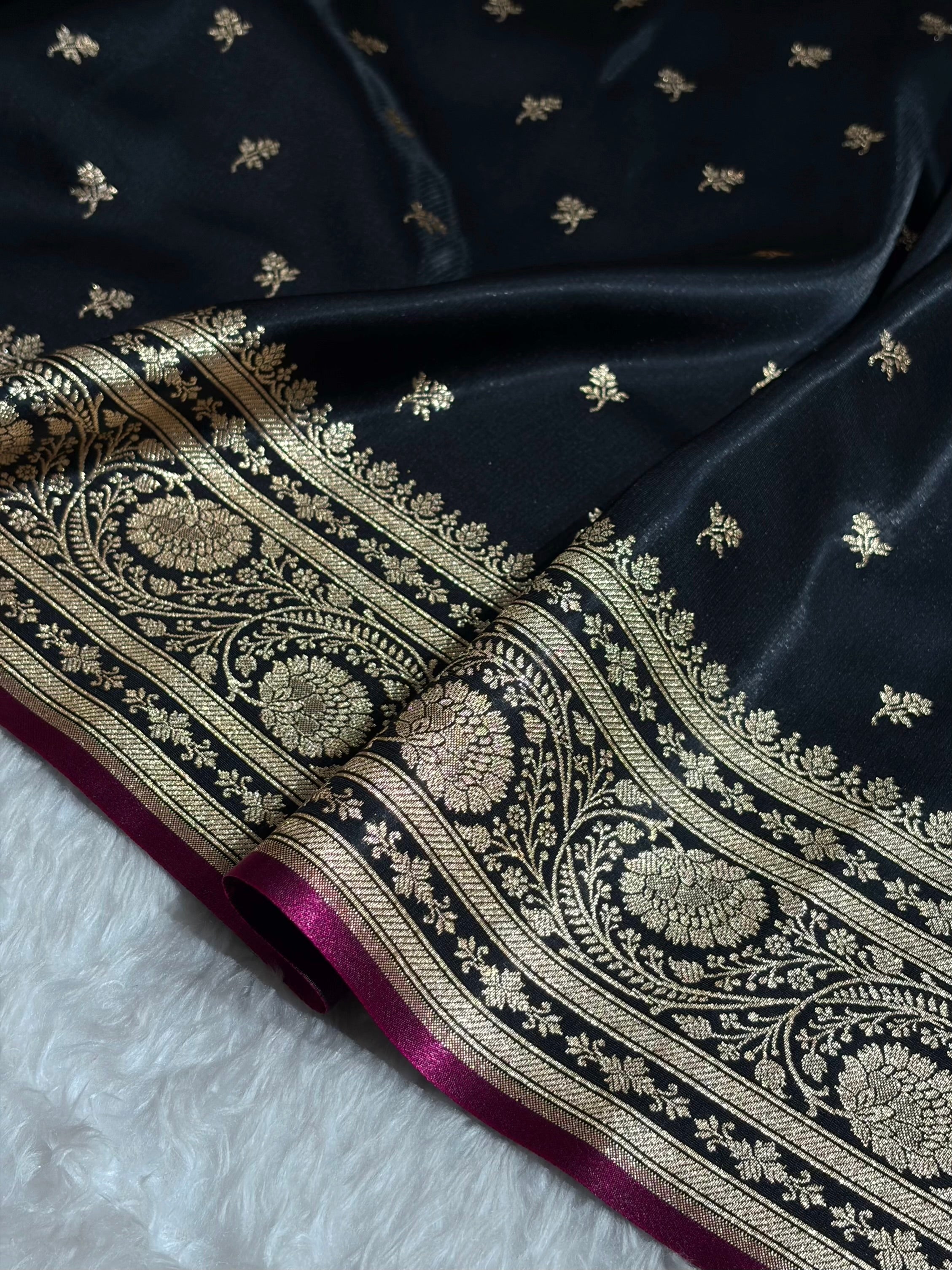 Banarasi Black Shades Cross Pattern Banarasi Satin Silk Saree SS52