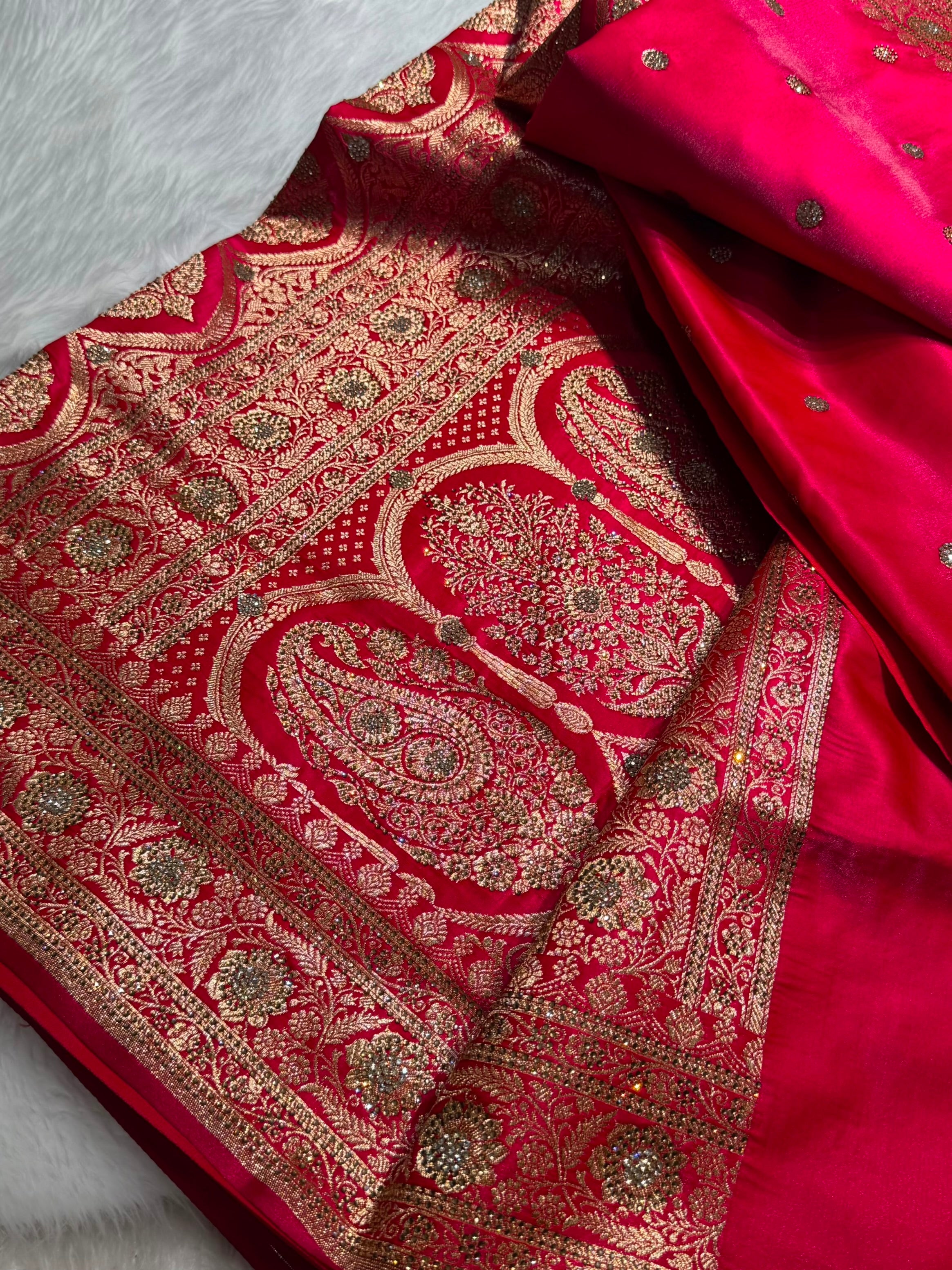 Satin Silk Saree Banarasi Booti With Swarovski Work in Cross Rani Shades BSS29