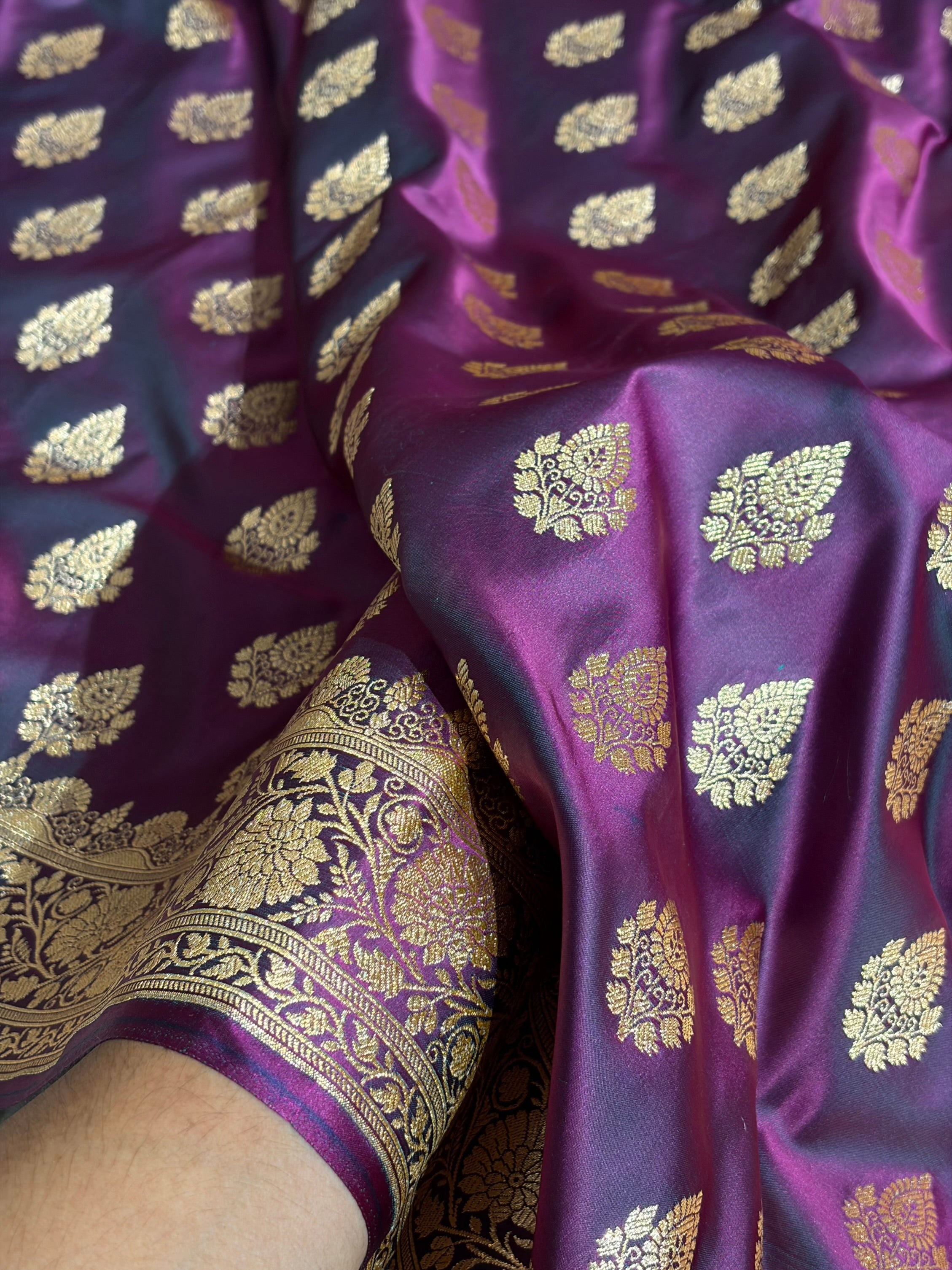 Cross Wine Floral Boota Pattern Satin Katan Silk saree SK45
