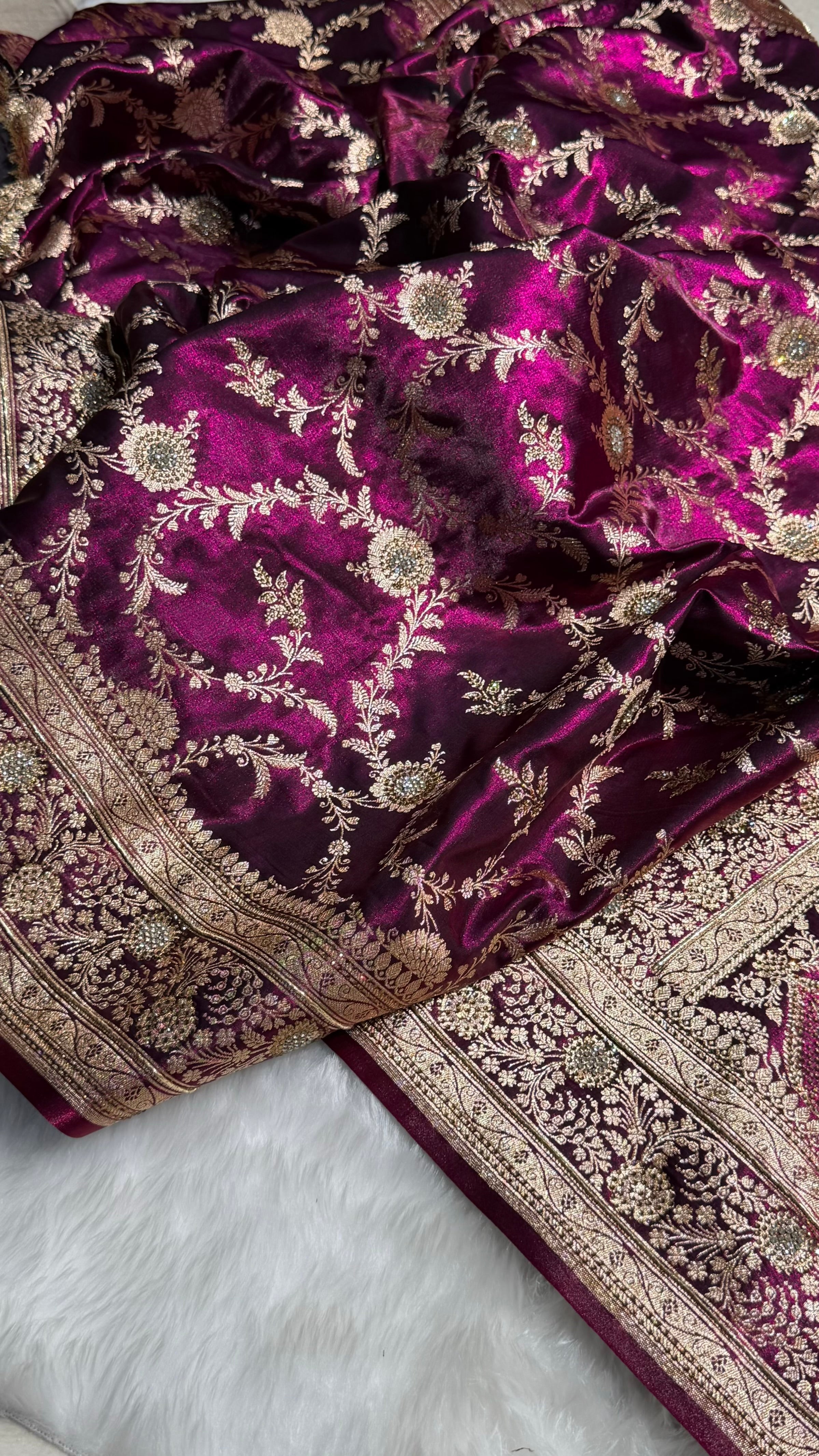 Light Weight Swarovski Work Wine Jaal Pattern Satin Silk Saree BSS14