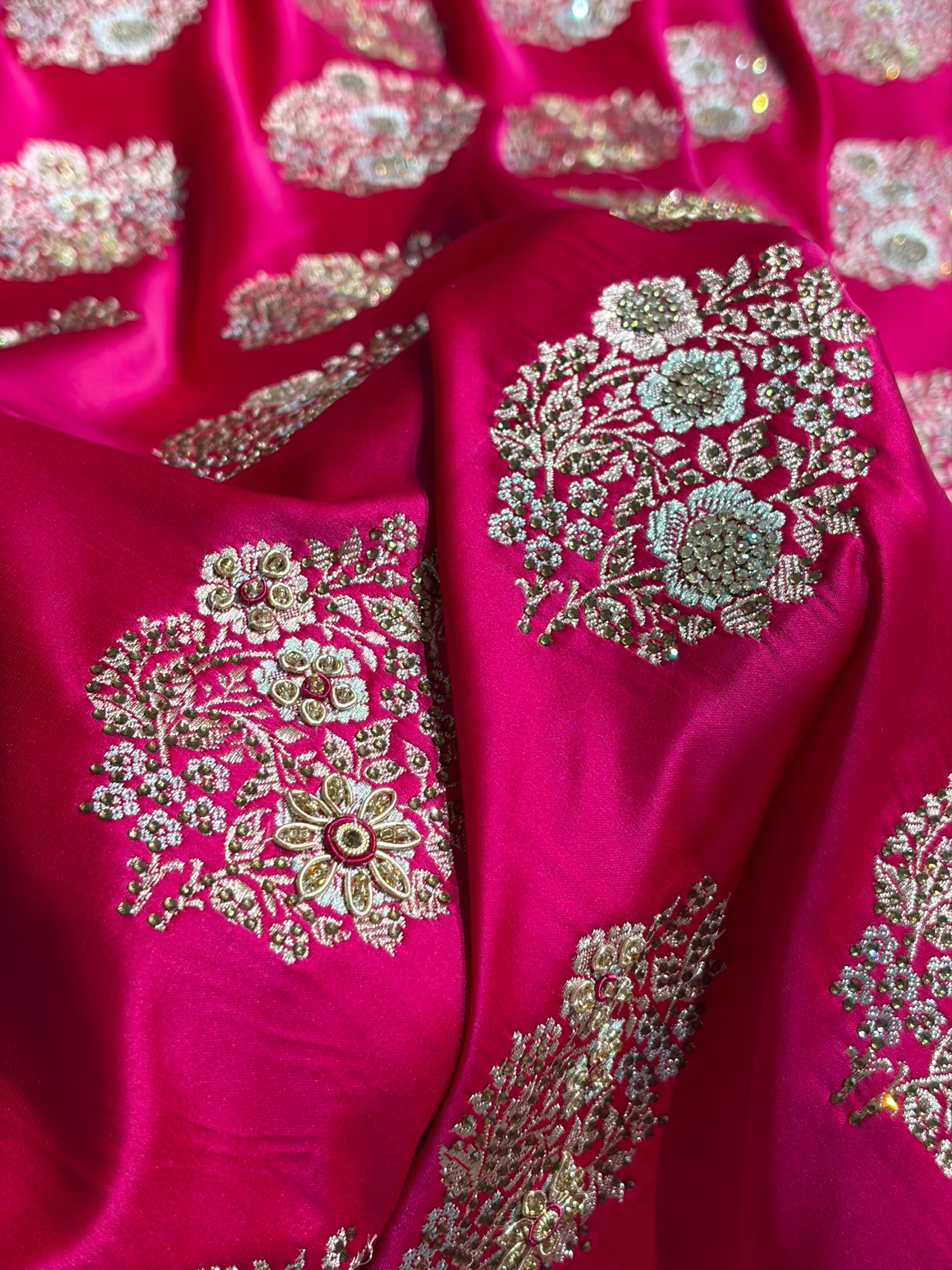 Premium Birdal Banarasi Satin Katan Saree With Swarovski Ari & Zardozi Work Minakari Boota in Rani Shades BSK93