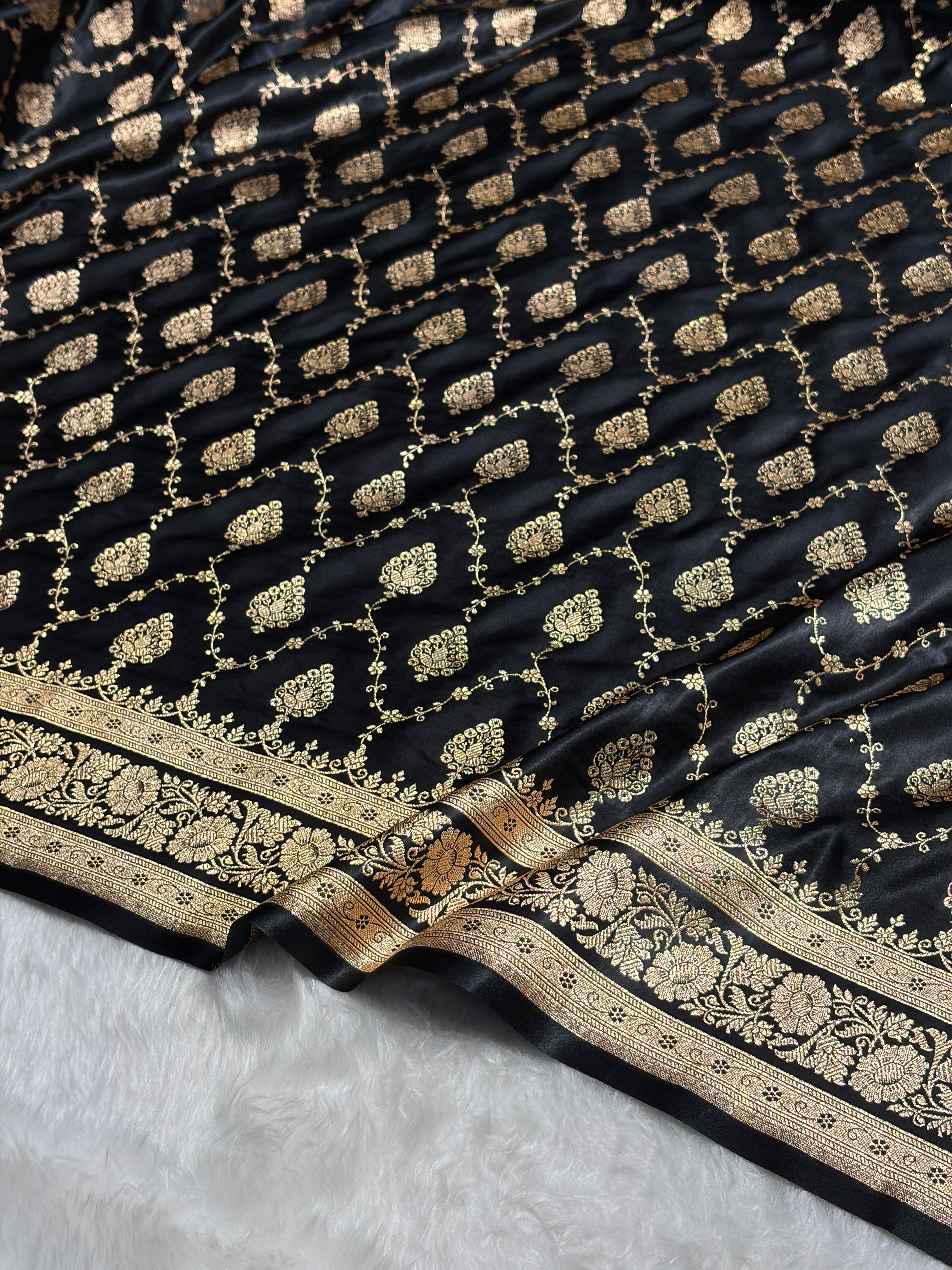 Black Floral Jaal Pattern Satin Katan Silk saree SK42