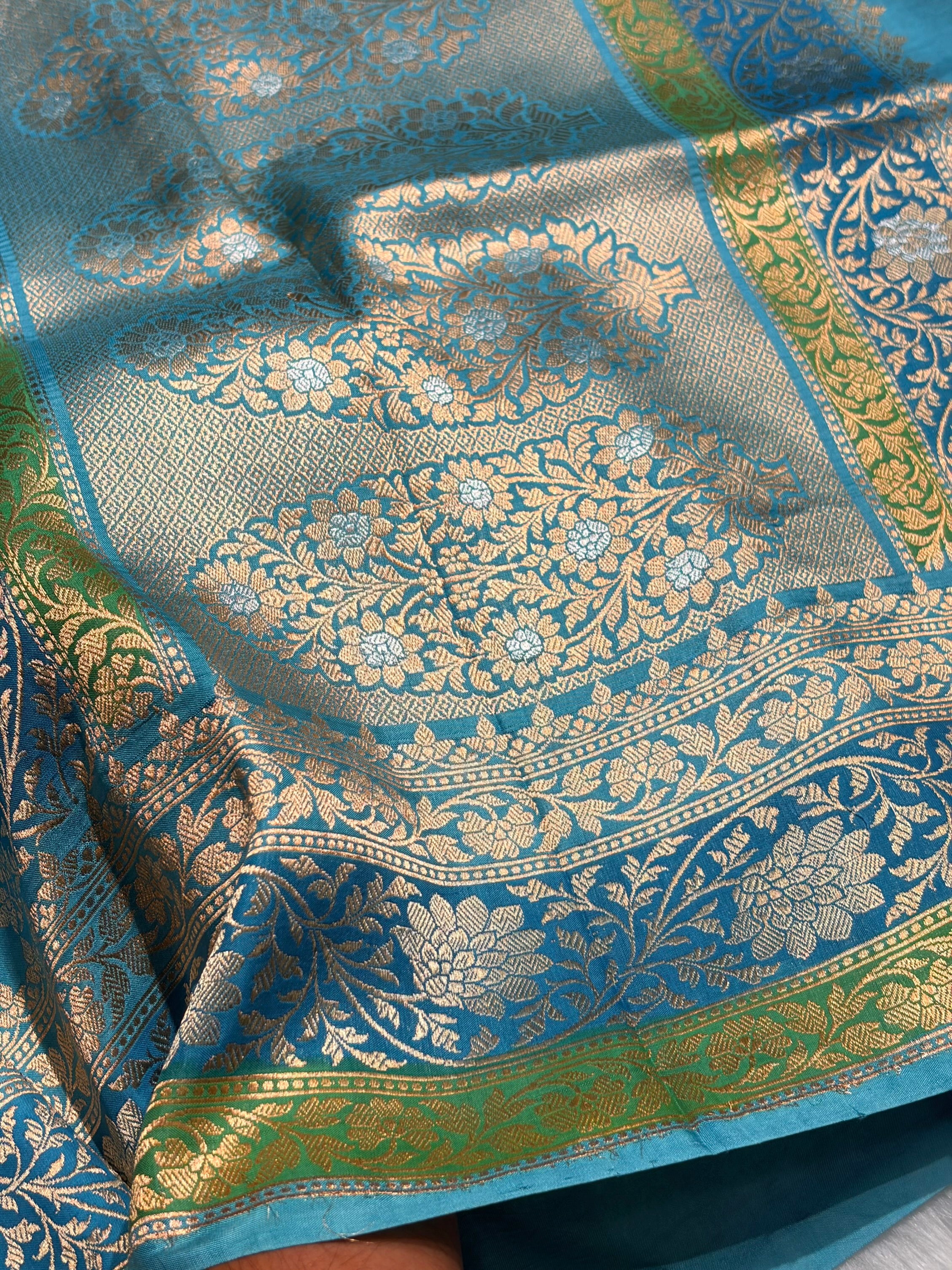 Firozi Shades Boota Handwoven Pure Katan Raw Mango Silk RM-18