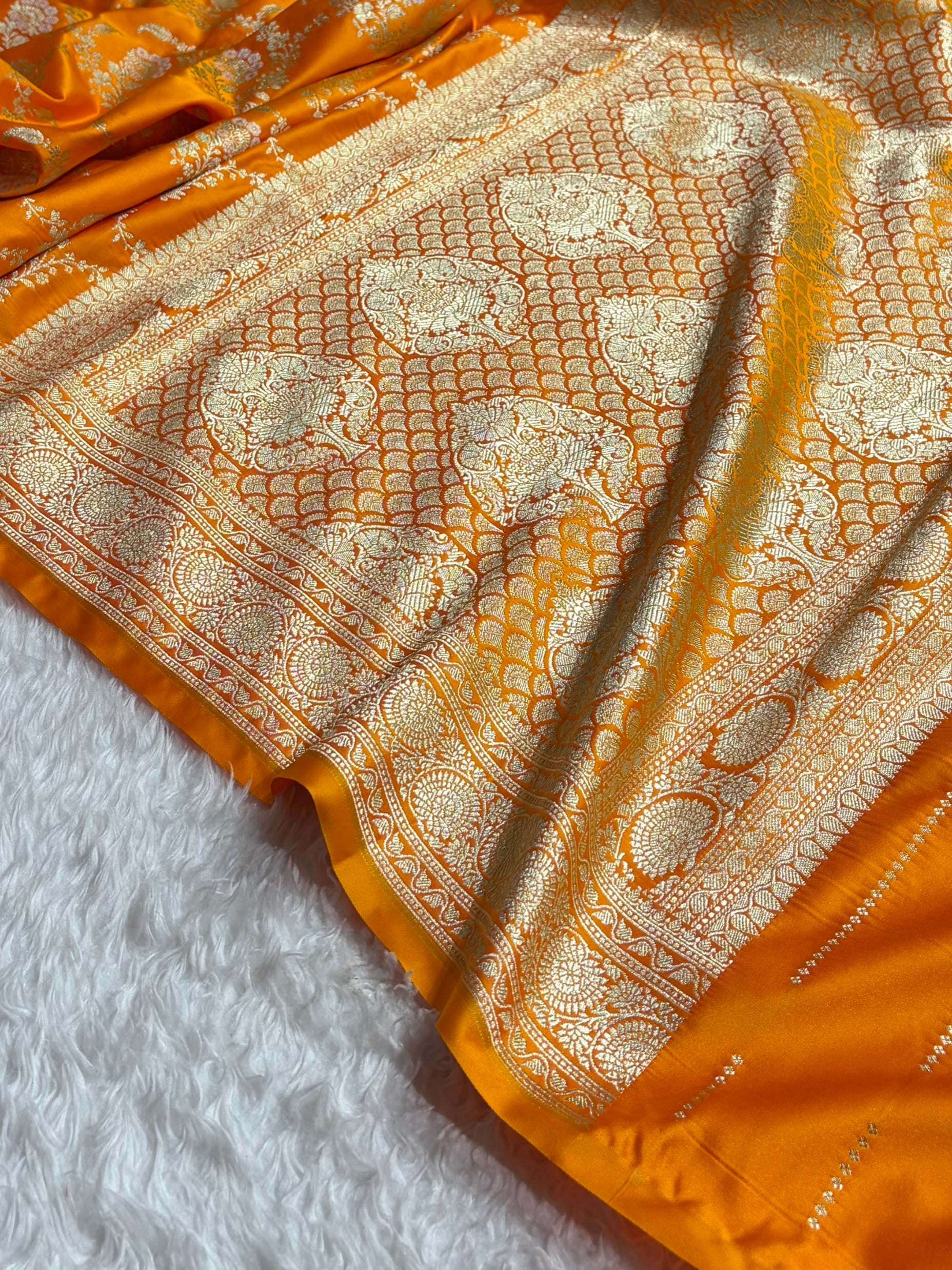 Banarasi Satin Katan Saree With Minakari Jaal Pattern in Mustard Shades SK126