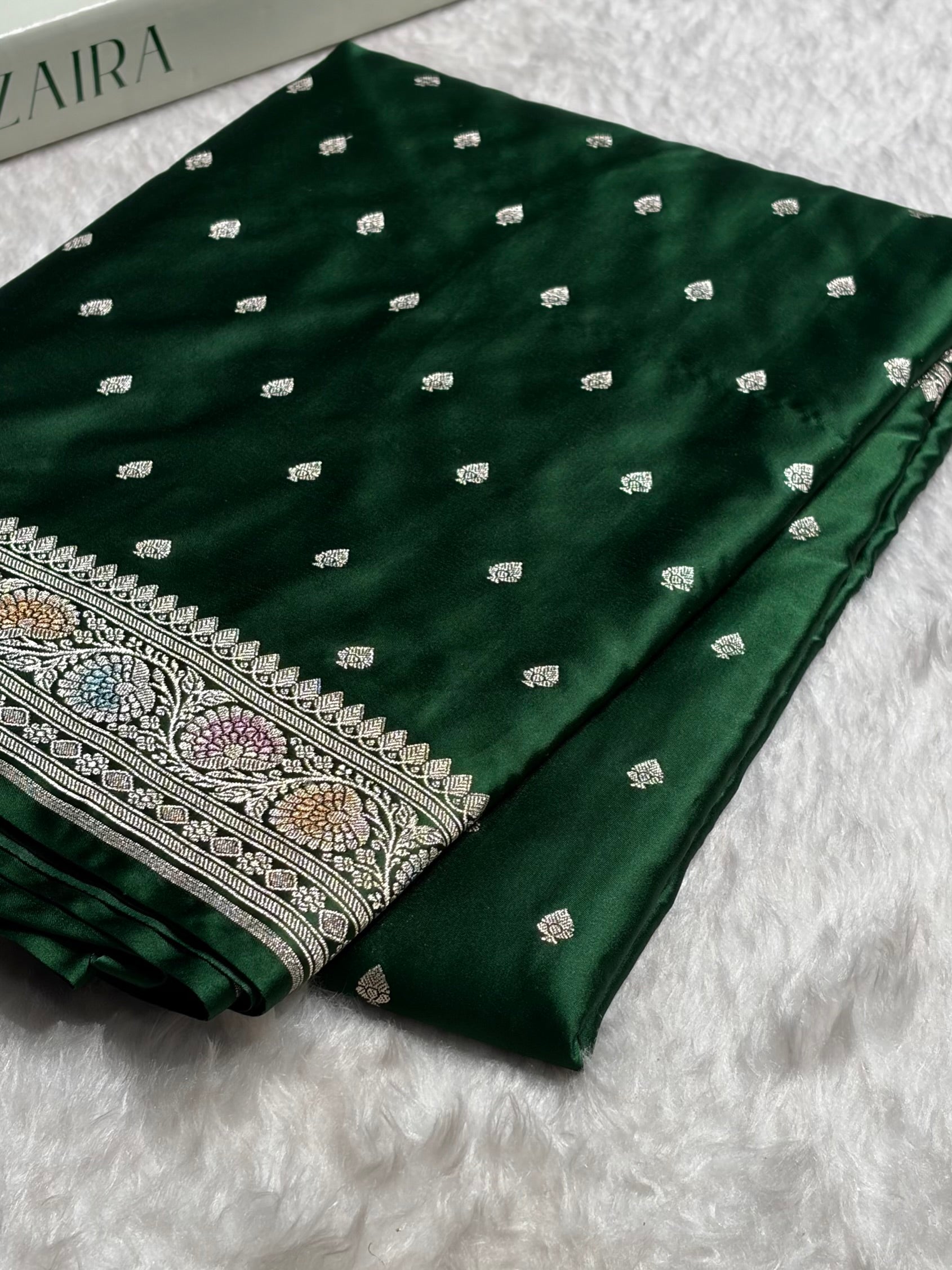 Traditional Bananasi Bottle Green Shades With Contrast Border Booti Mashru Silk Saree MS79