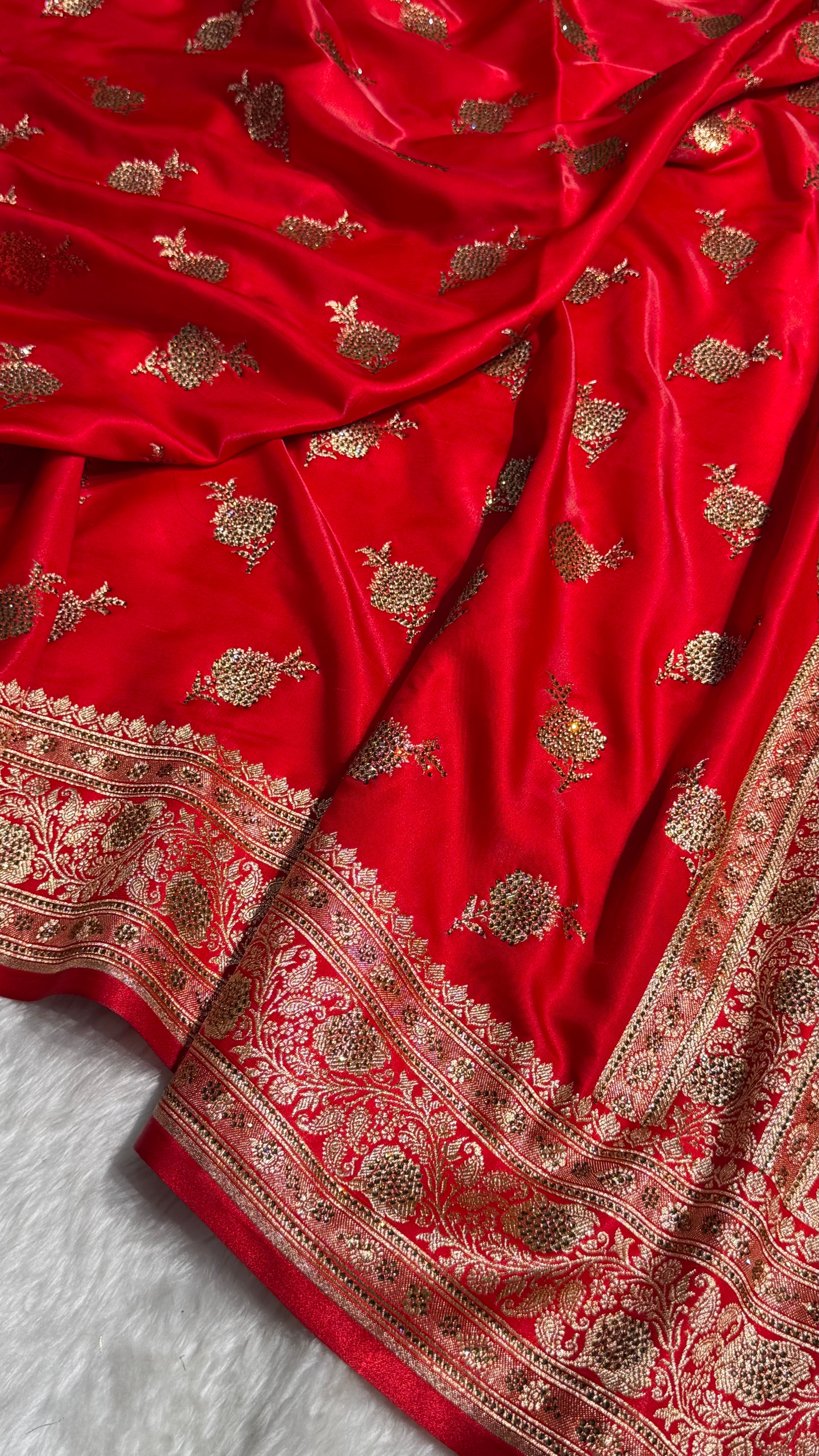 Satin Silk Saree Swarovski Work Floral Boota in Red Shades BSS26