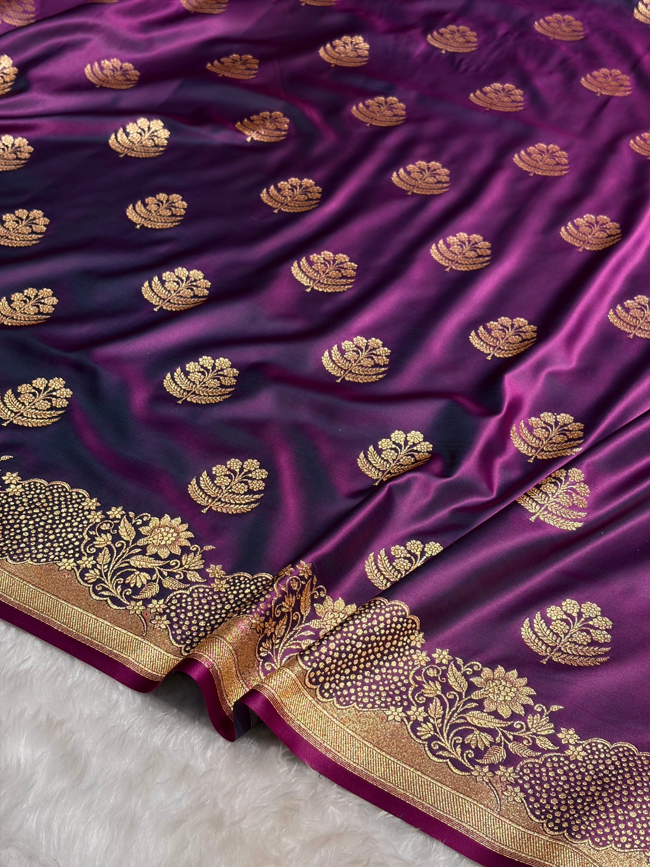 Wine Unique Boota Pattern Satin Katan Silk Saree SK70