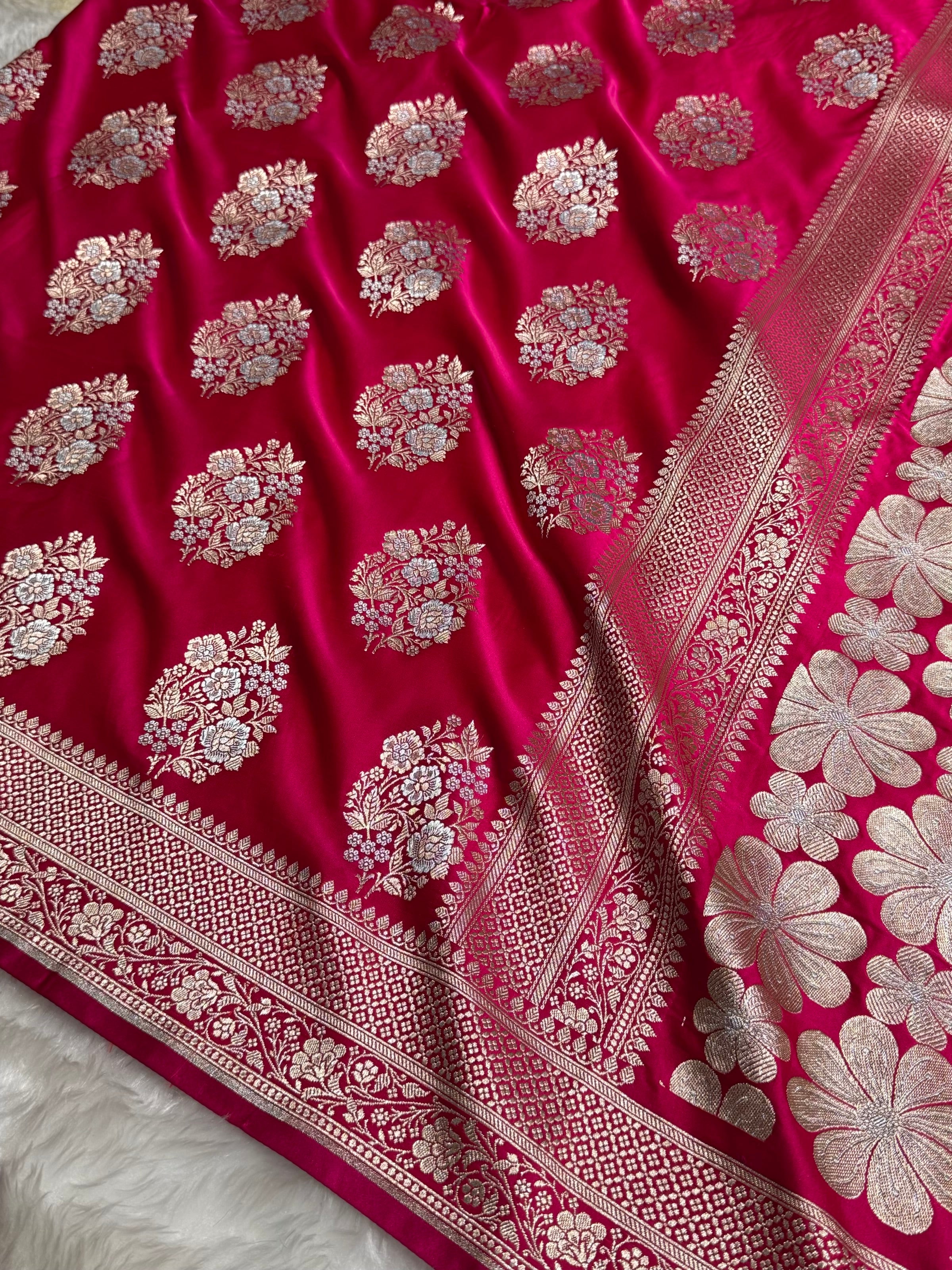 Premium Banarasi Satin Katan Saree With Minakari Boota in Rani Shades SK93