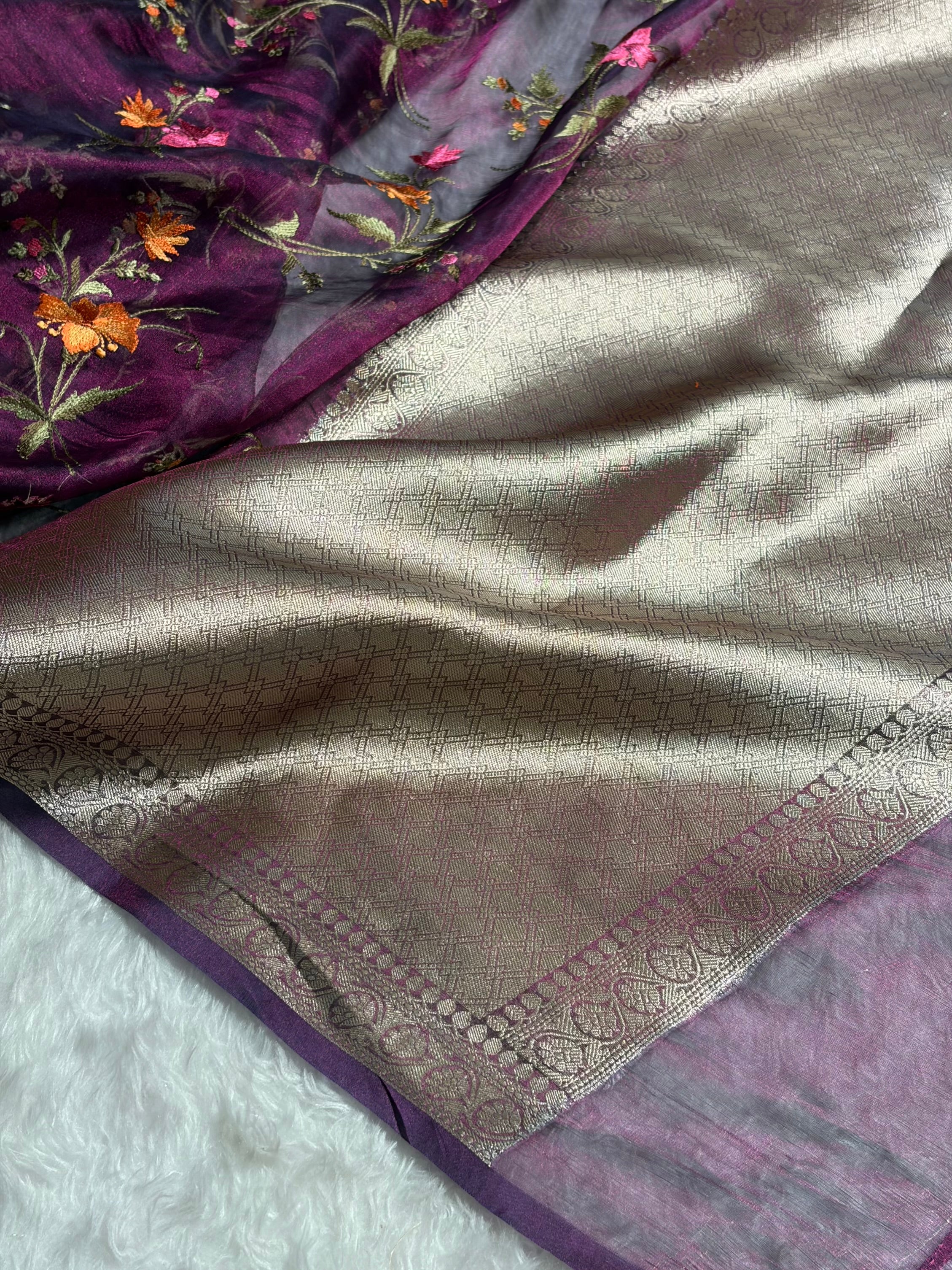 Wine Shades With Floral Embroidered Pure Tissue Silk Saree with Brocade Blouse PTE-09