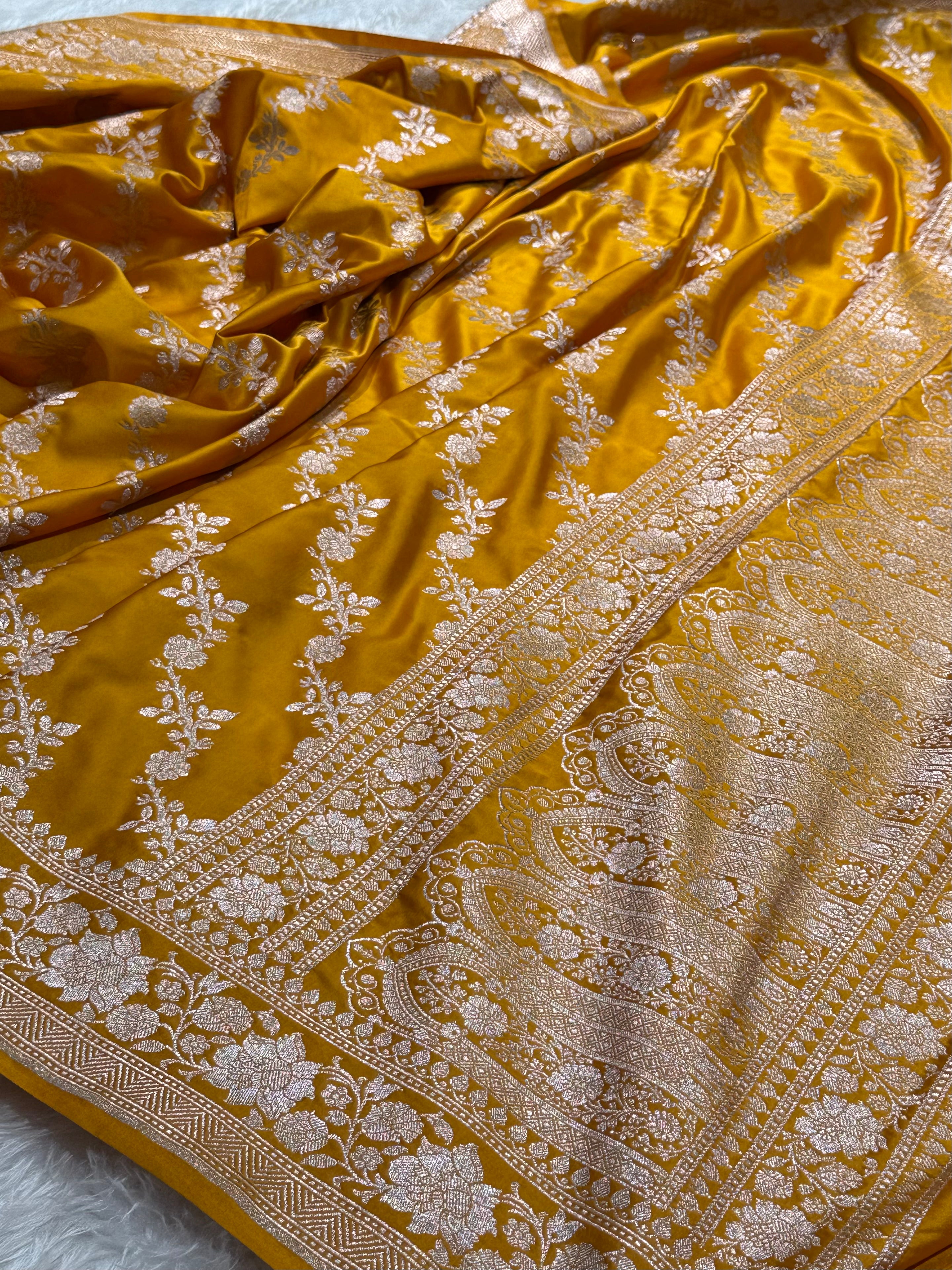 Mustard Shades Banarasi Cross Jaal Mashru Silk Saree