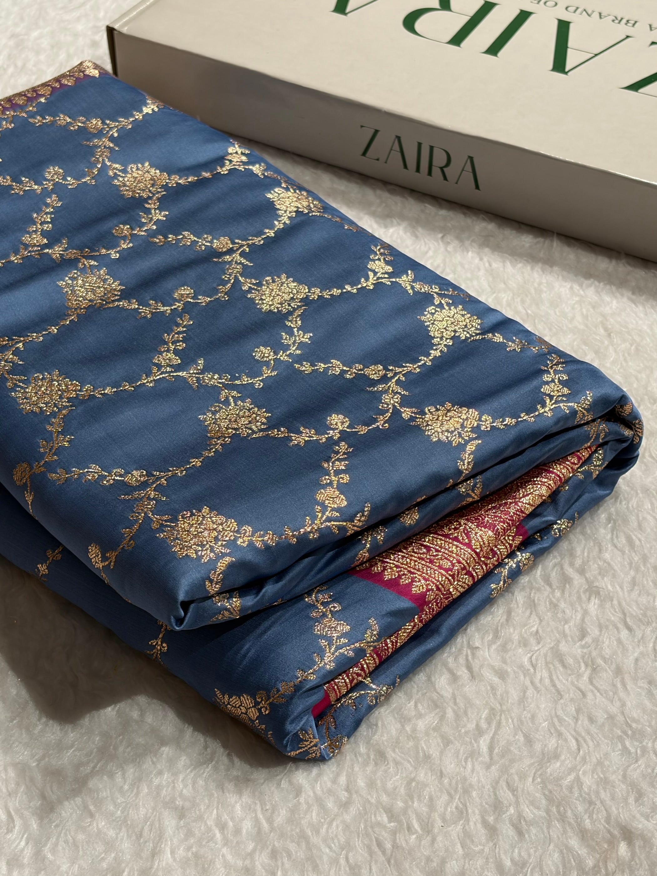 Banarasi Contrast Satin Katan Saree With Jaal Pattern in Grey With Rani Shades SK124