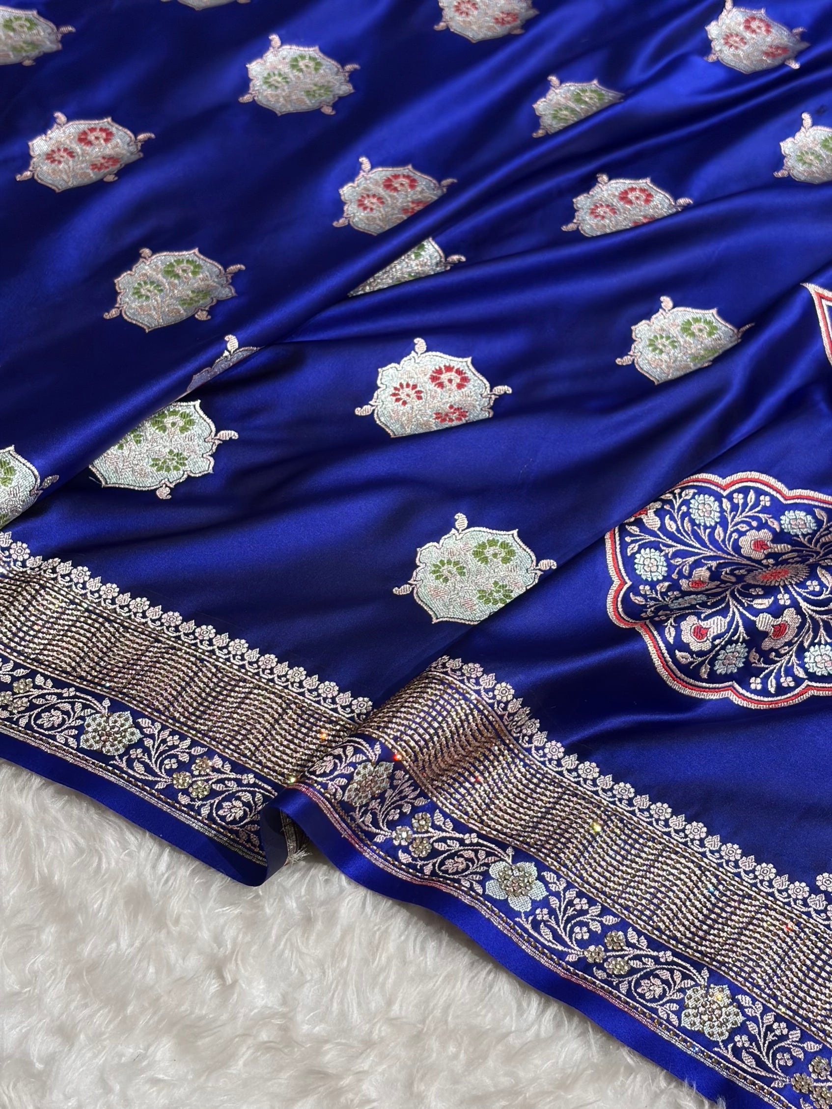 Premium Banarasi Satin Katan Saree Swarovski Work Minakari Booti Pattern in Royal Blue Shades BSK04