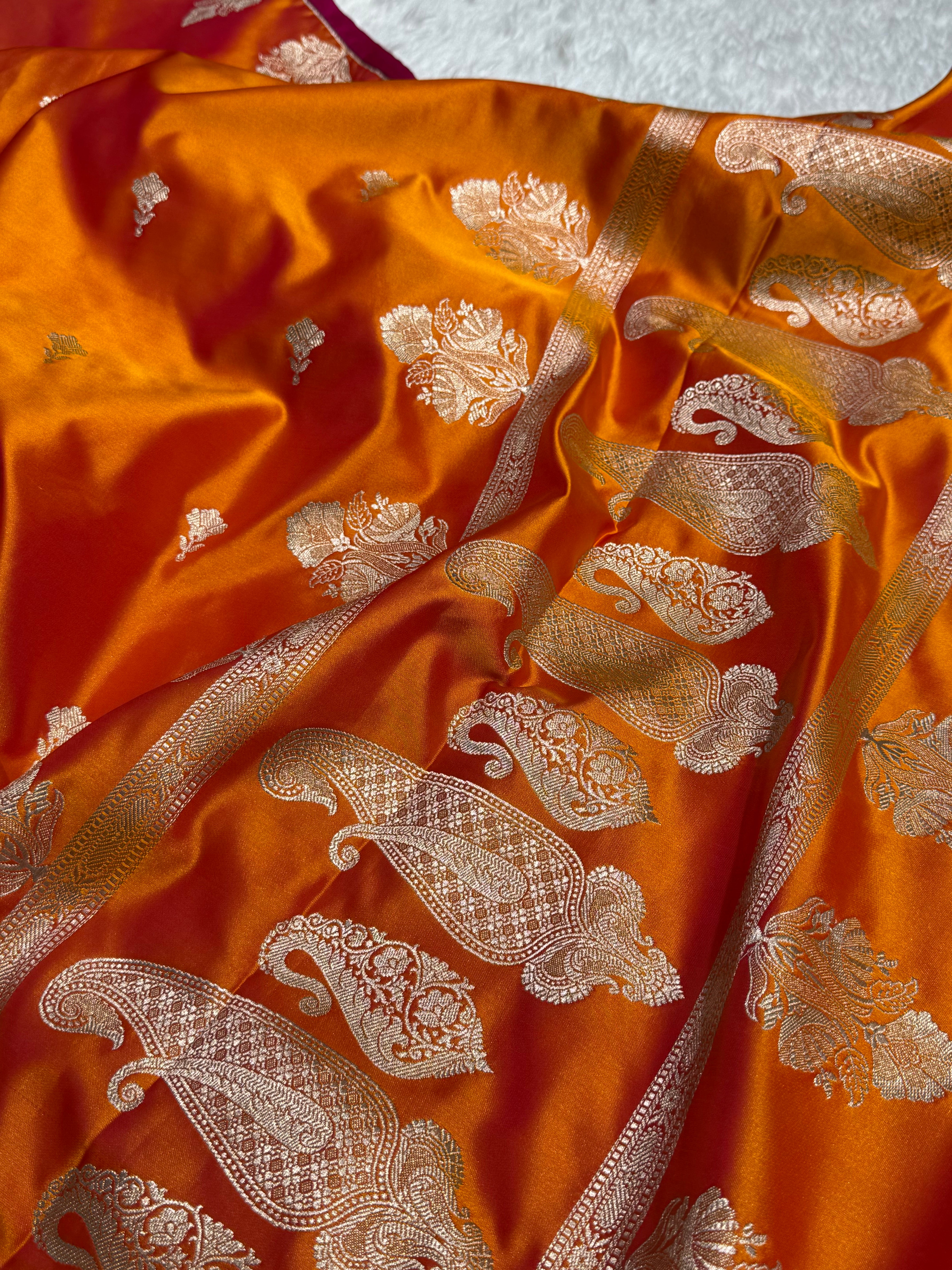 Orange Gold Skirt Border Mashru Silk Saree