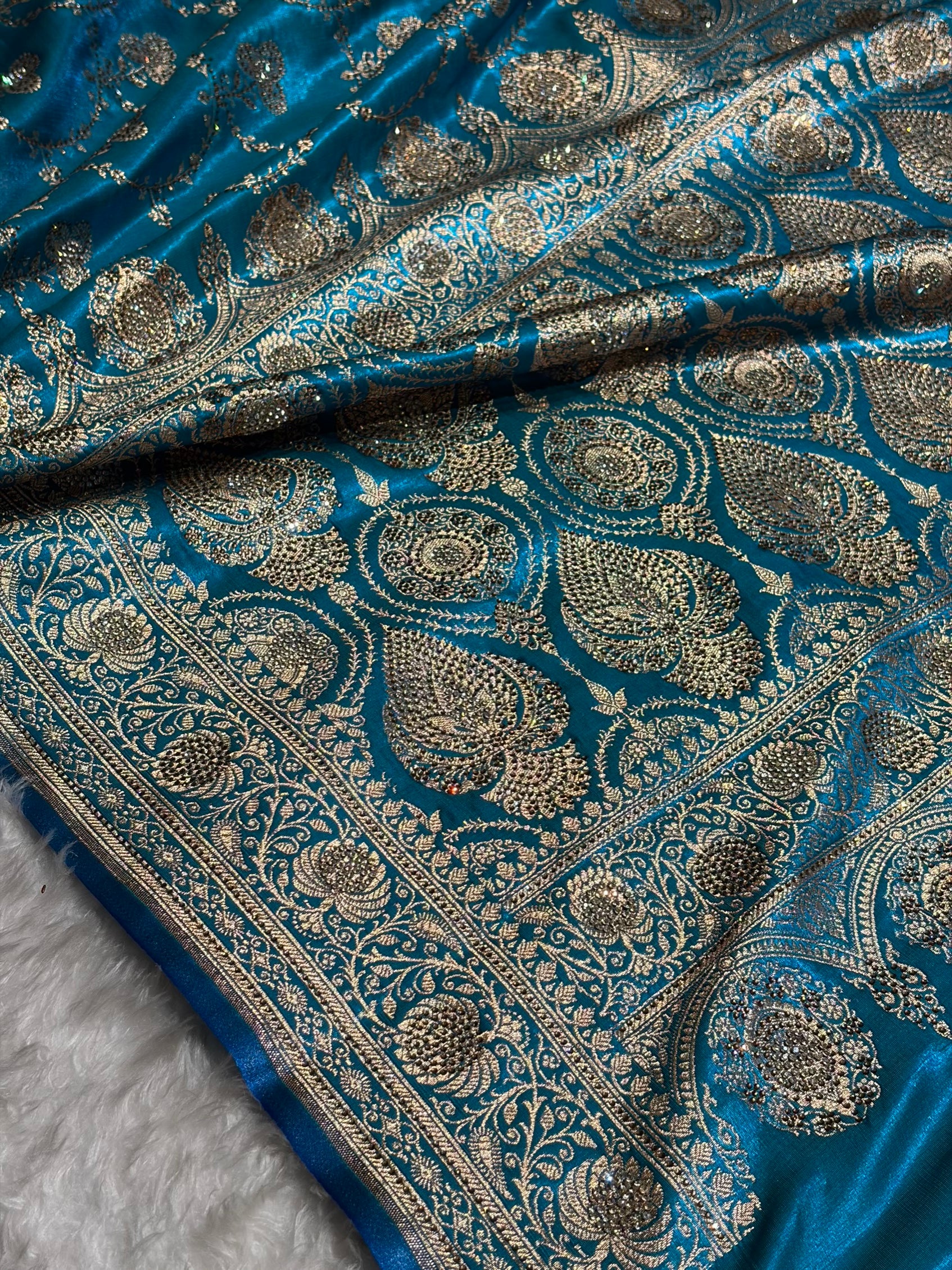 Satin Silk Saree Banarasi Swarovski Work Jaal in Firozi Shades BSS23 (R)