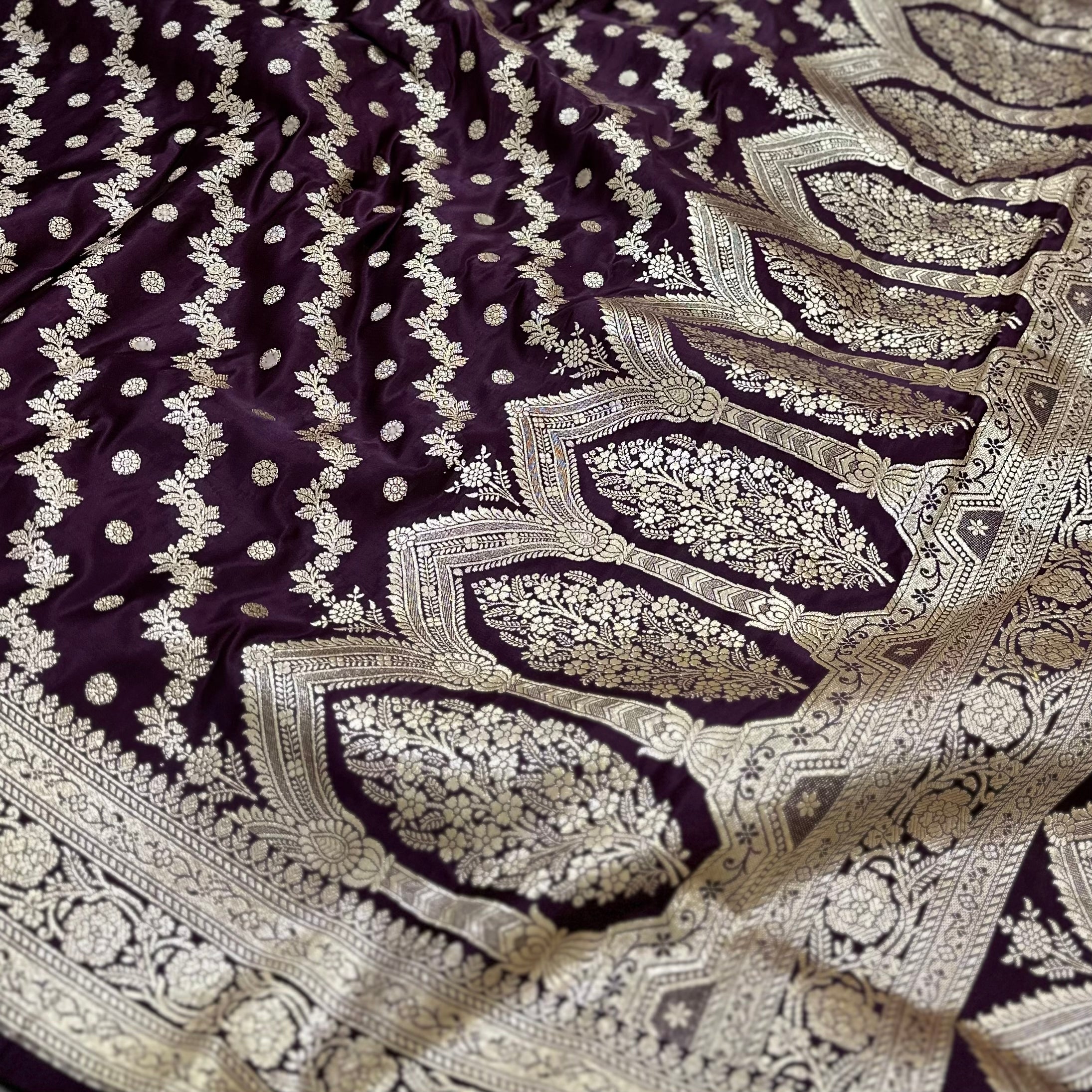 Chocolate Cross Pattern Katan Silk Saree