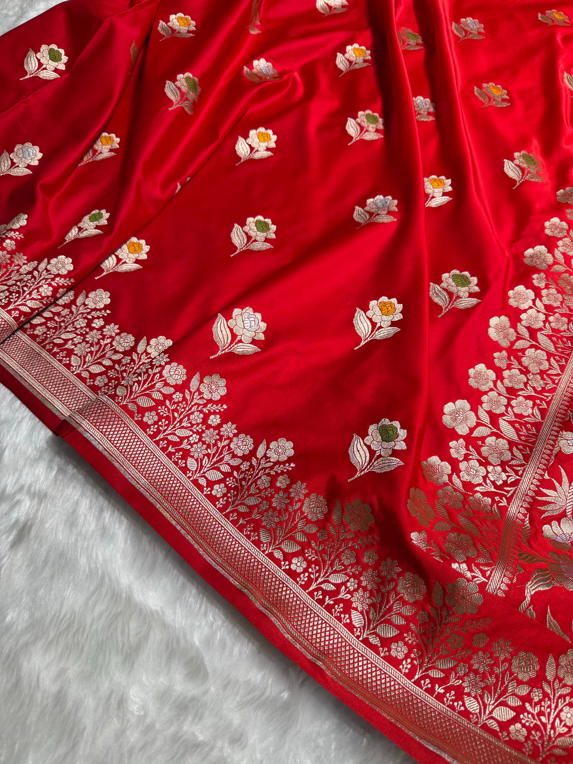 Premium Banarasi Satin Katan Saree With Minakari Boota in Red Shades SK94