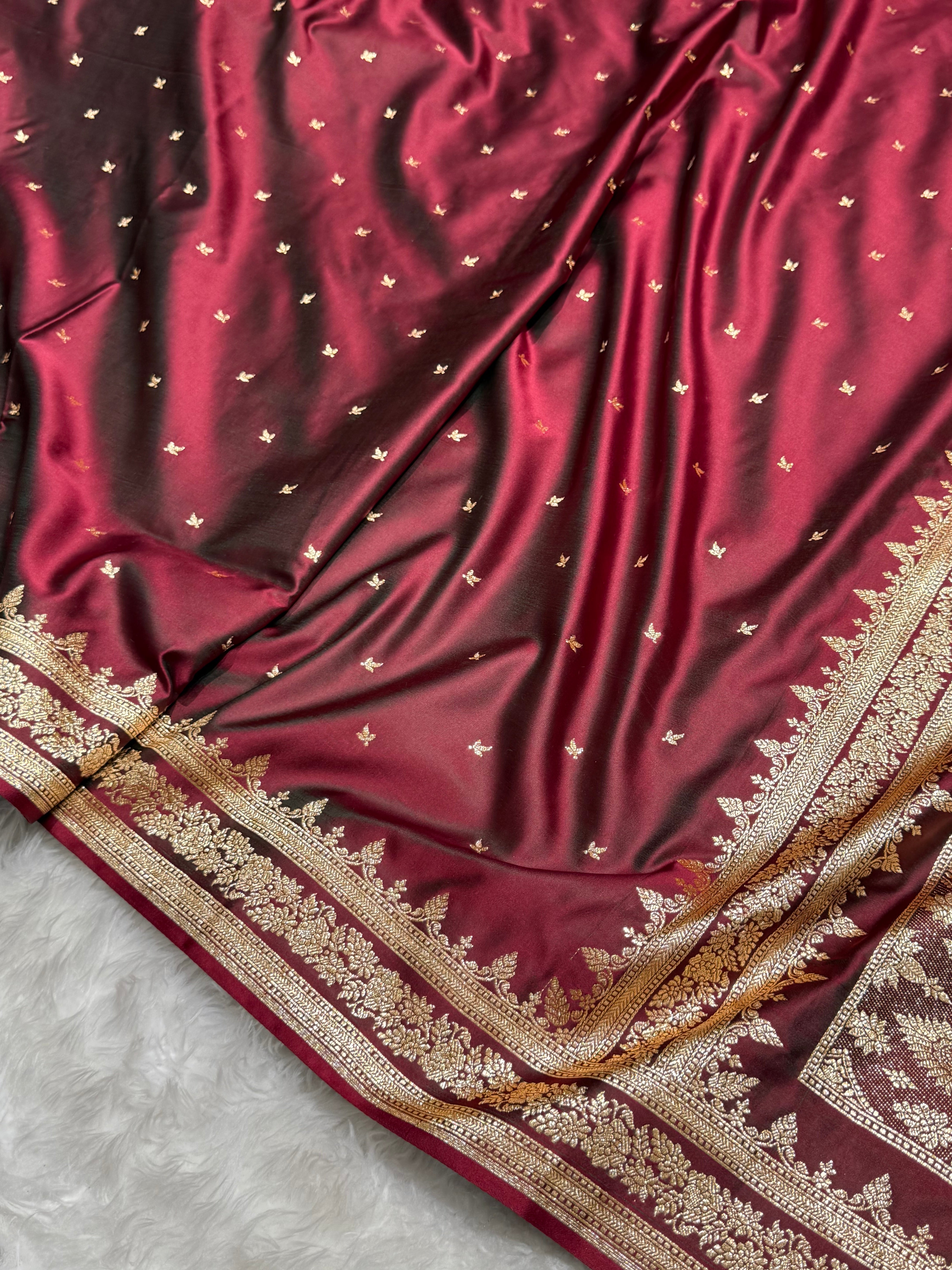 Premium Cross Maroon Banarasi Booti Katan Silk Saree