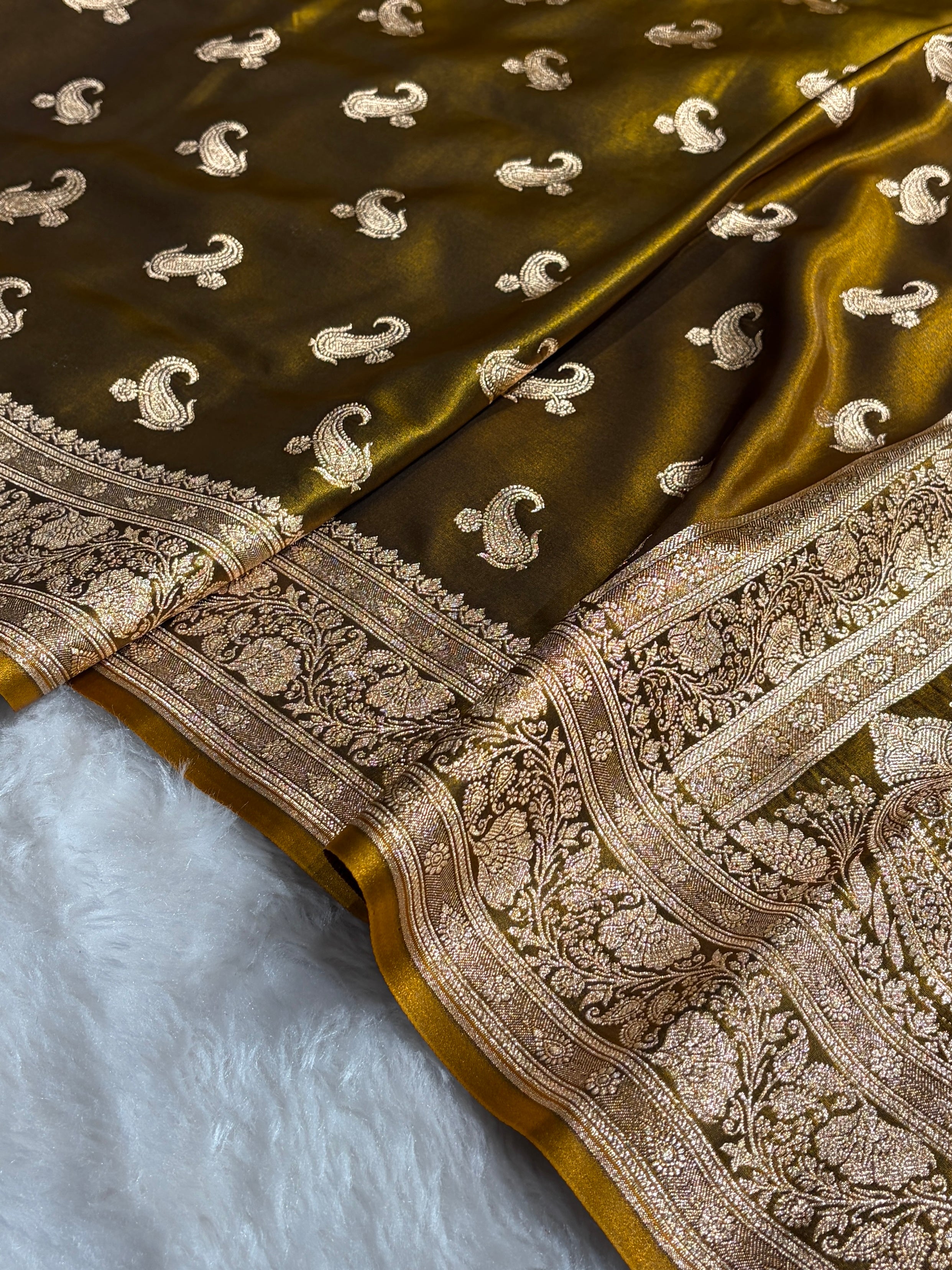 Satin Silk Saree Floral Boota in Mehendi Shades SS27