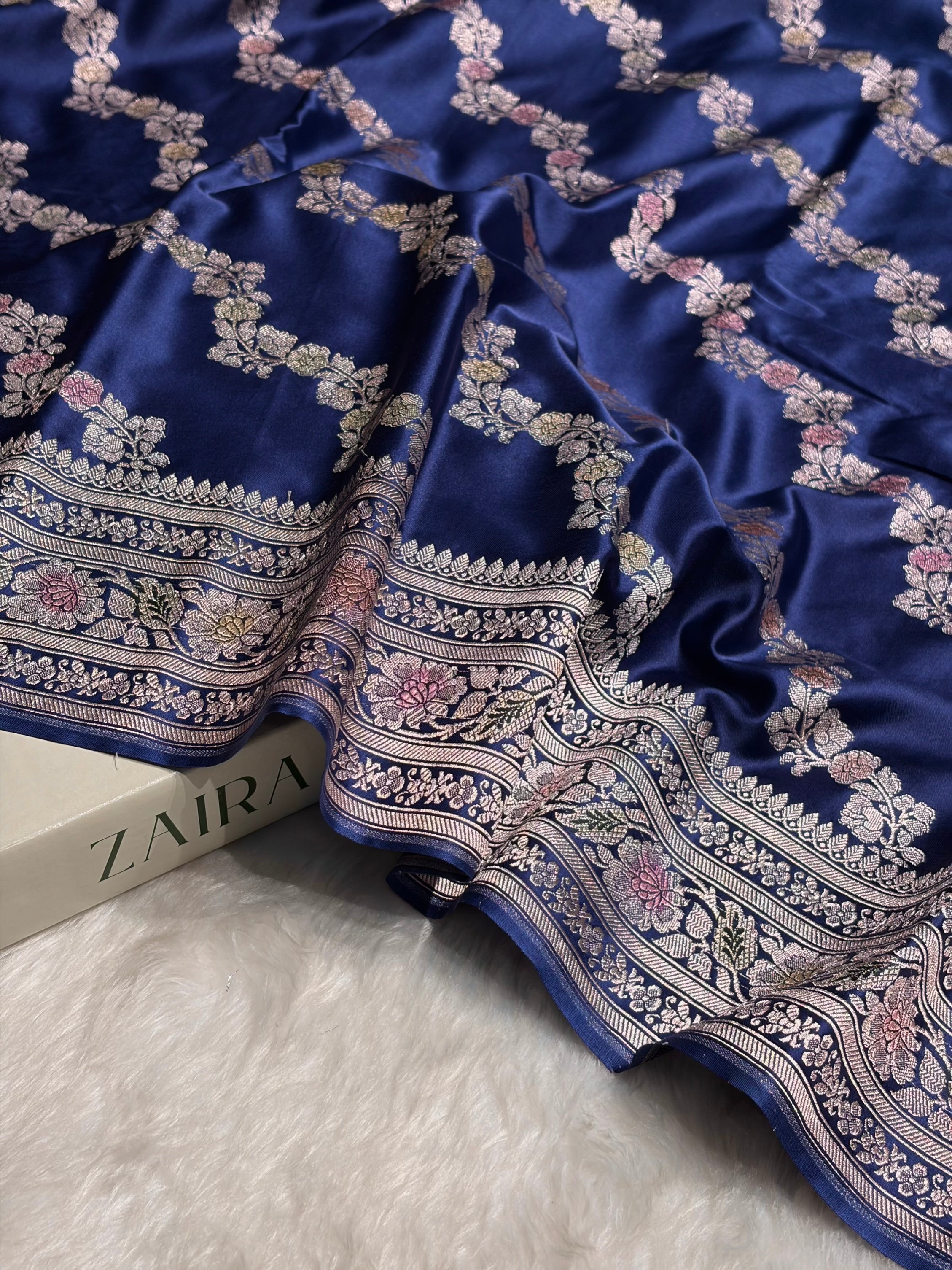 Royal Blue Shades Banarasi Minakari Mashru Silk Saree With Cross Pattern MS02
