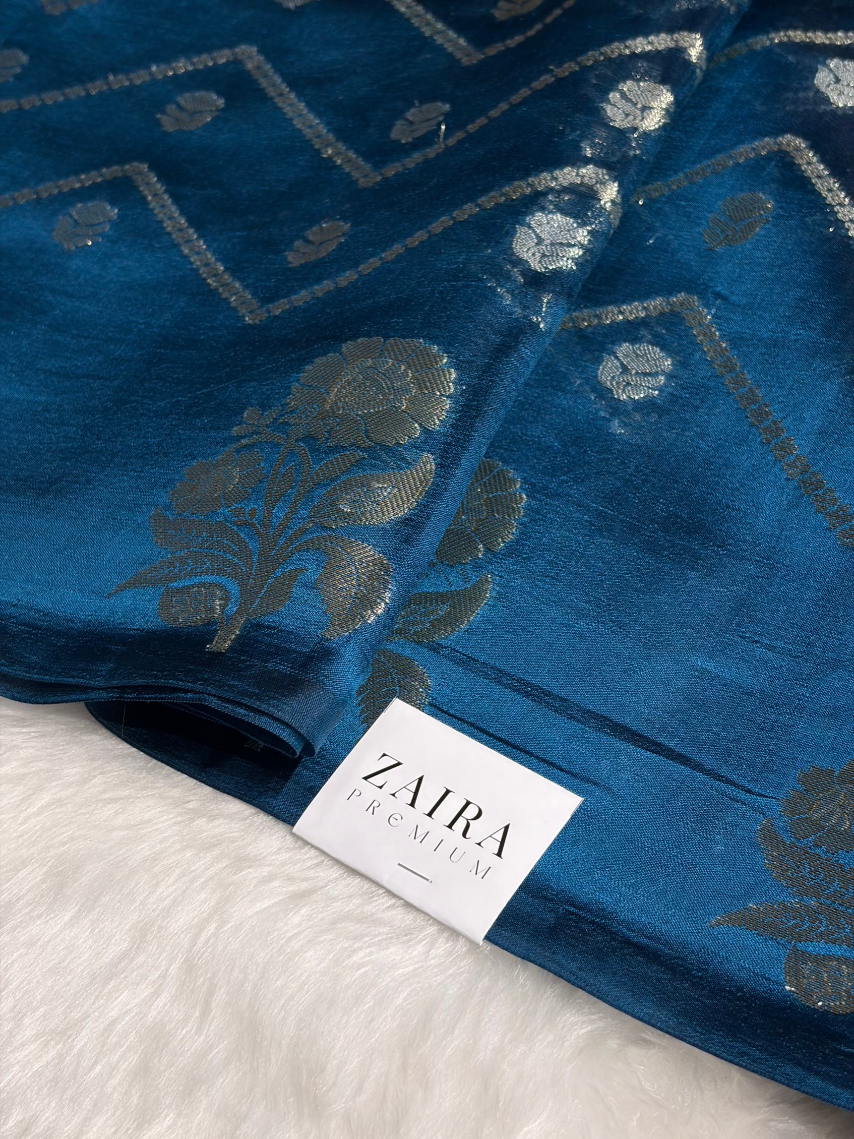 German Blue Meena Boota Caramel Silk Saree CS-03