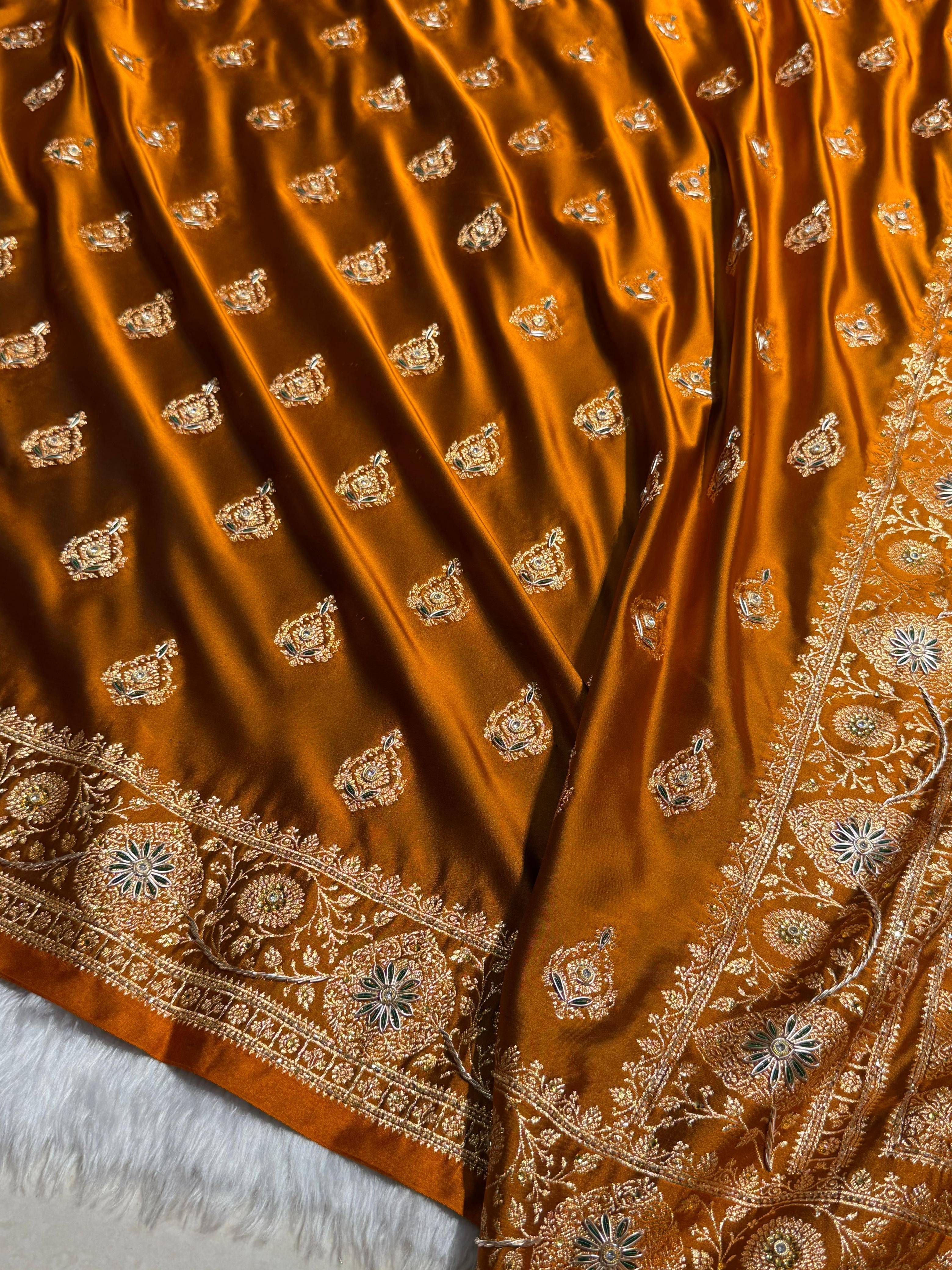 Banarasi Satin Katan Saree With Aari Zardozi Work Boota in Rust Shades BSK98