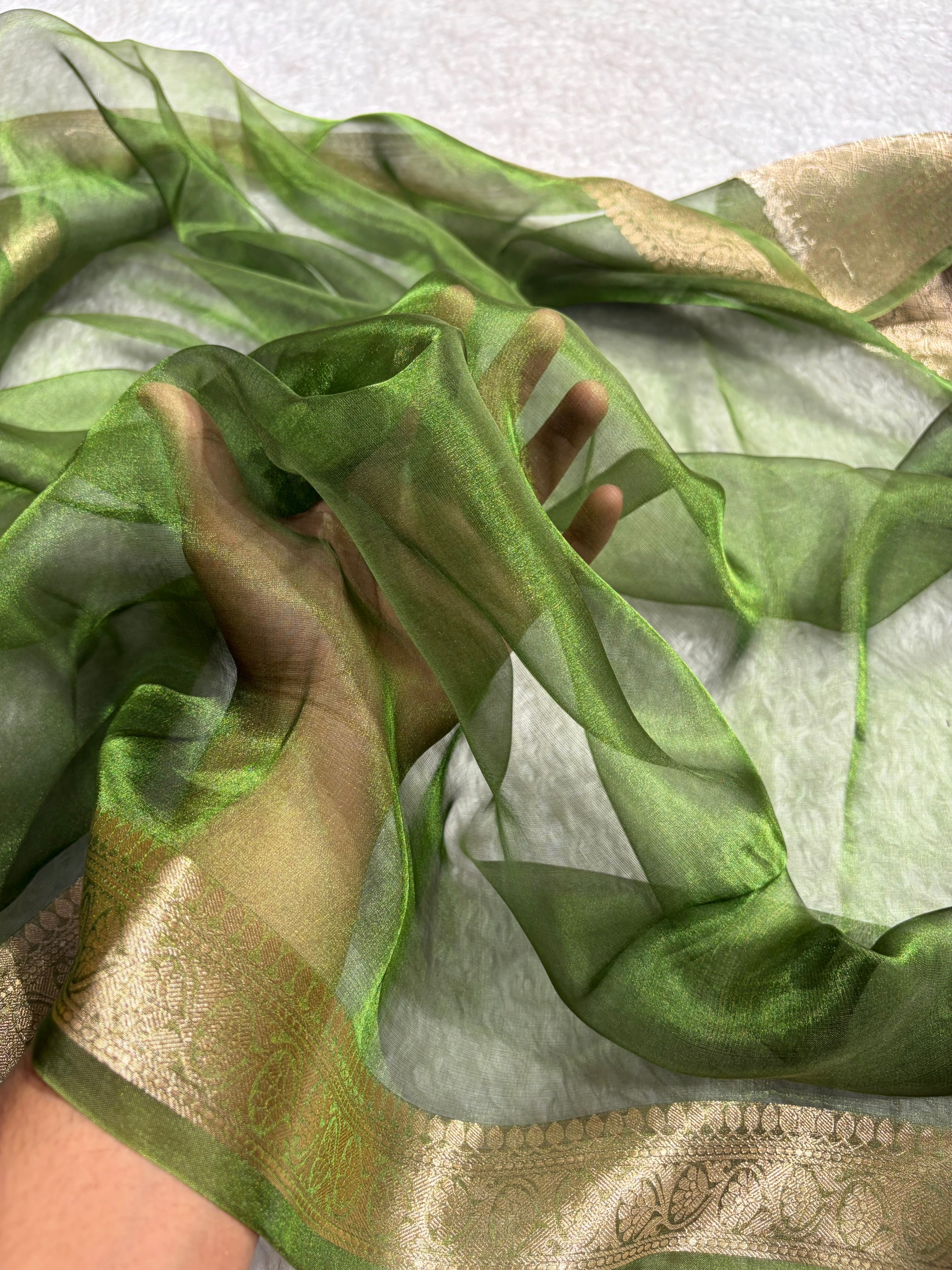 Mehendi Shades Banarasi Pure Tissue Silk Saree with Brocade Blouse PT-09