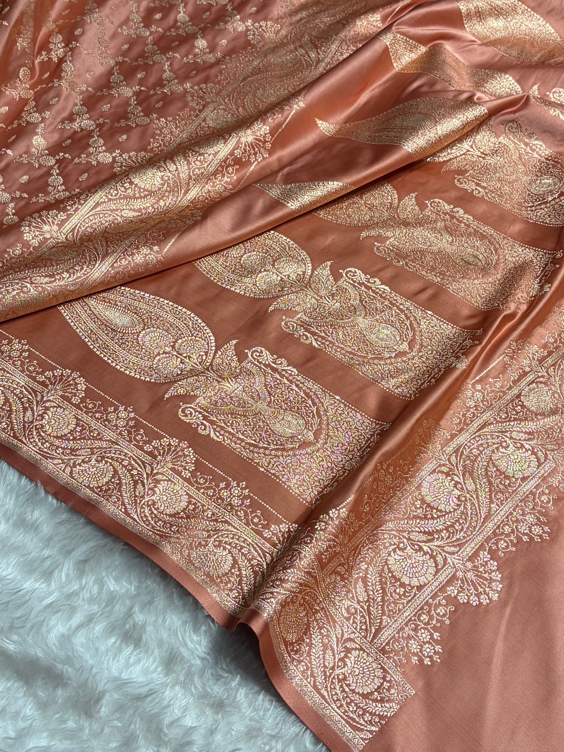 Banarasi Satin Katan Saree Jaal Pattern In Dusty Peach Shades SK133