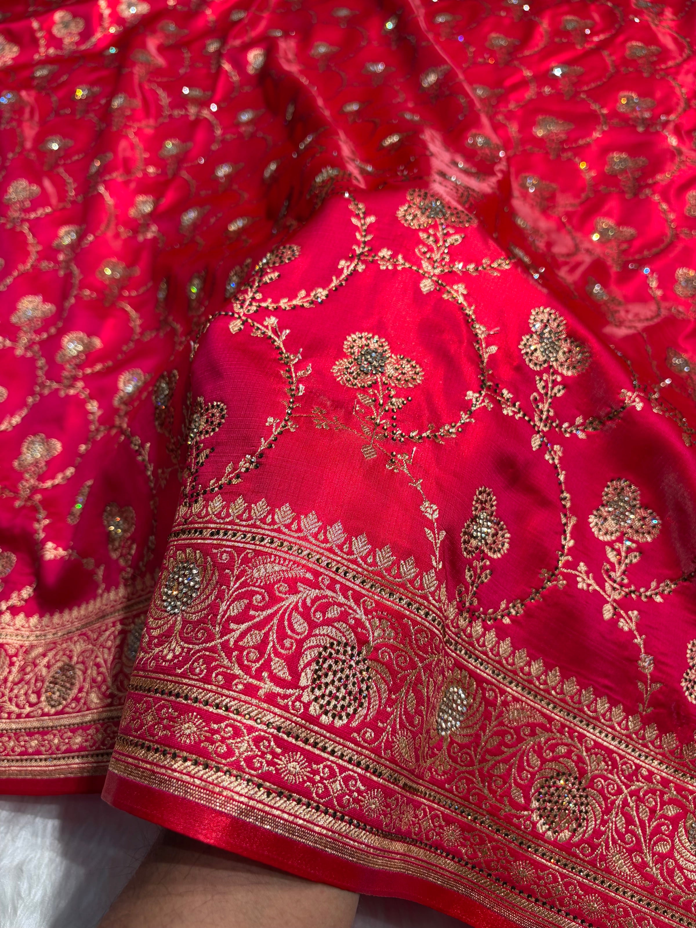 Satin Silk Saree Jaal in Pinkish Red Shades With Swarovski Work BSS23