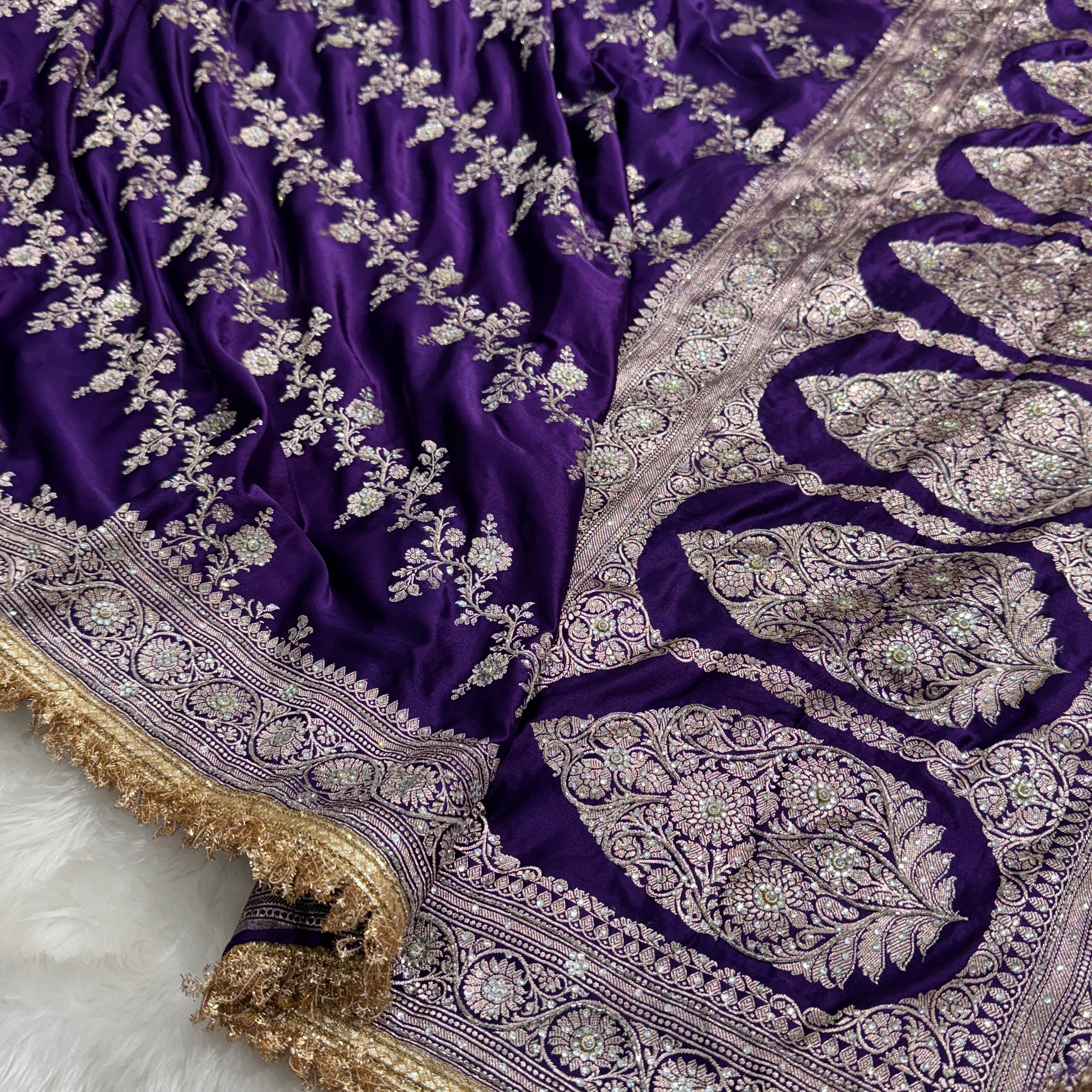 Purple shade Mashru Silk with Ari and stone work with Gold Gotta Patti