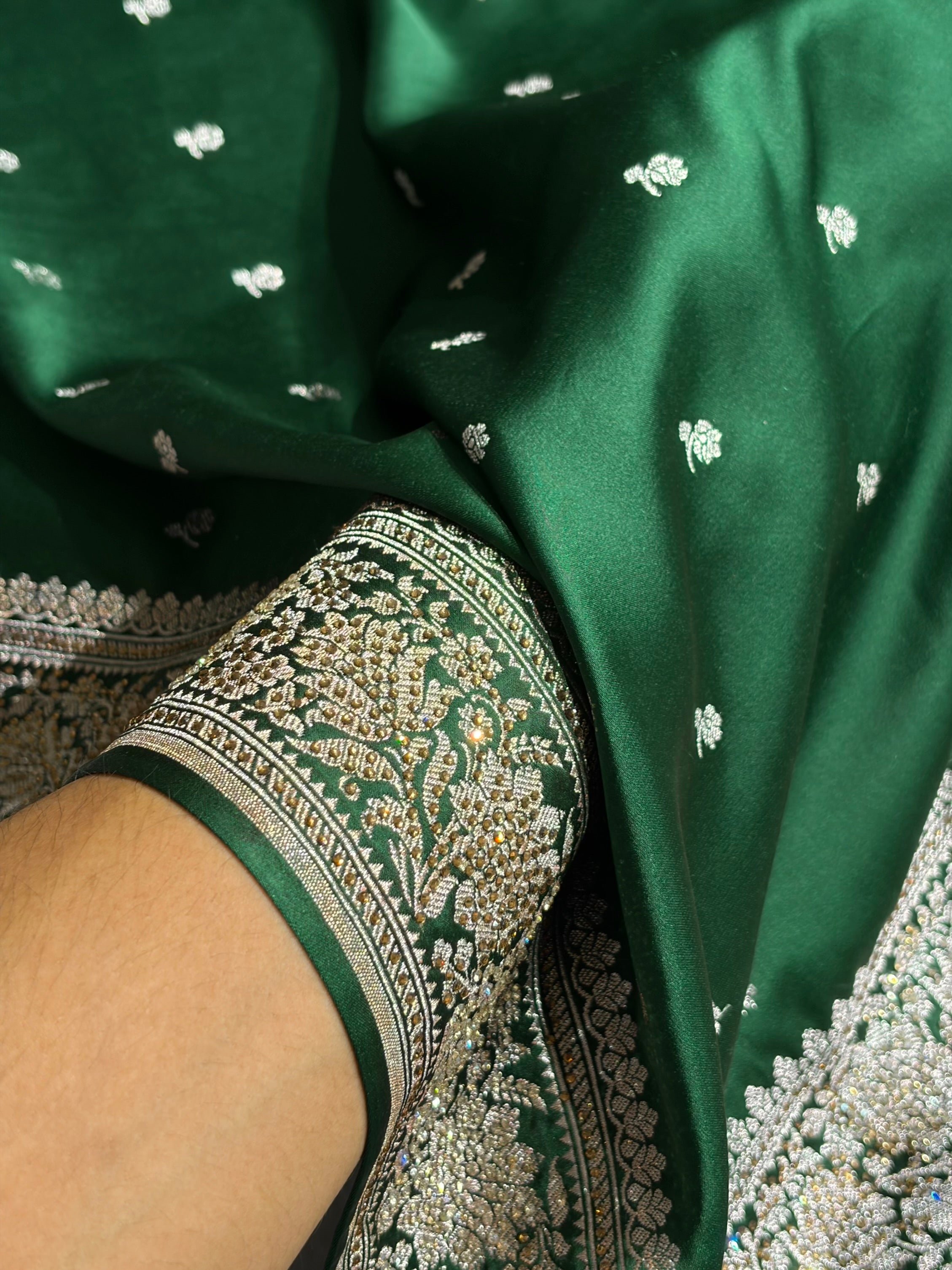 Beautiful Bottle Green Booti with Swarovski Work Mashru Silk Saree BMS09