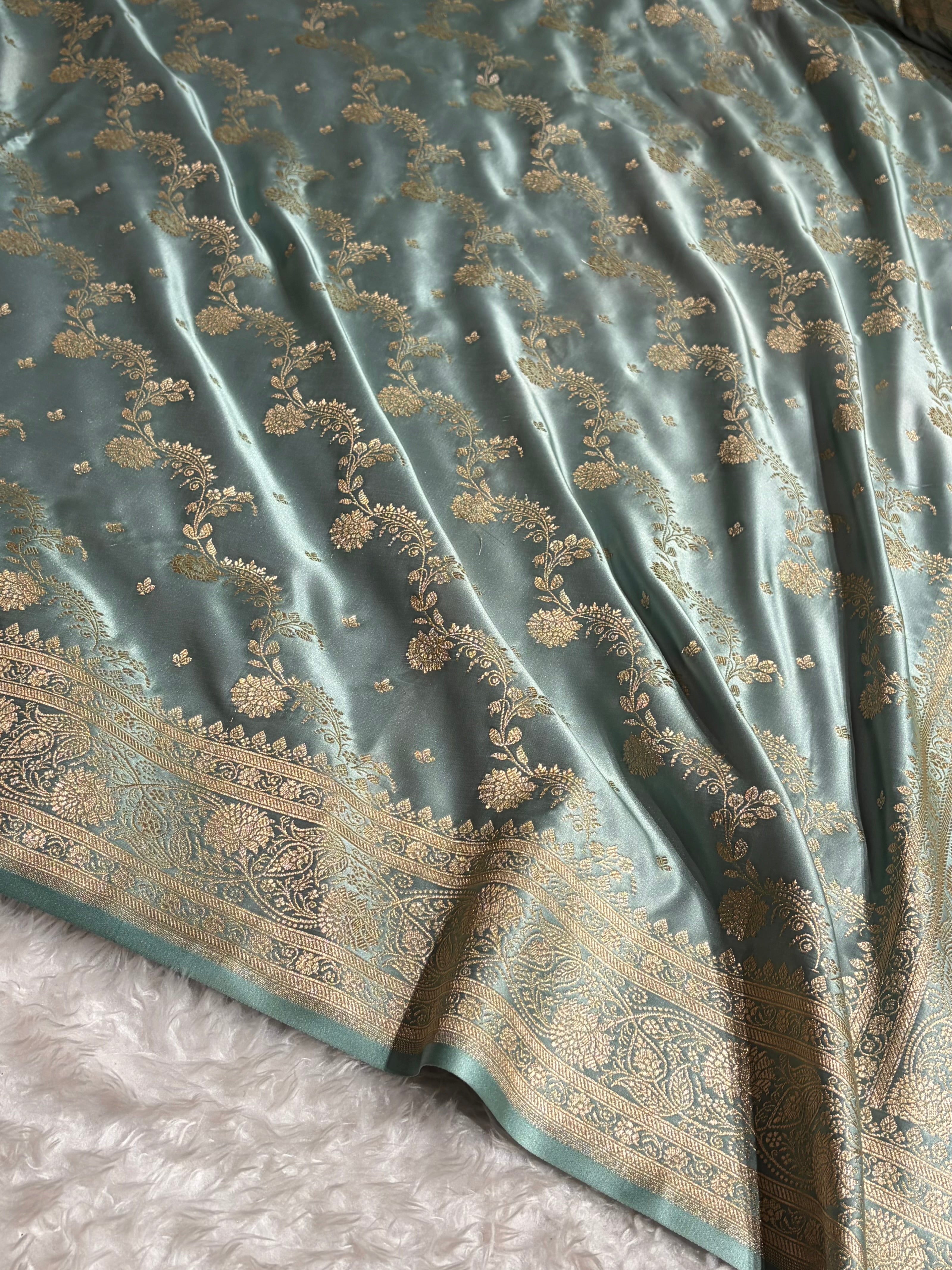 Banarasi Satin Katan Saree With Jaal Pattern in Pastel Grey Shades SK121