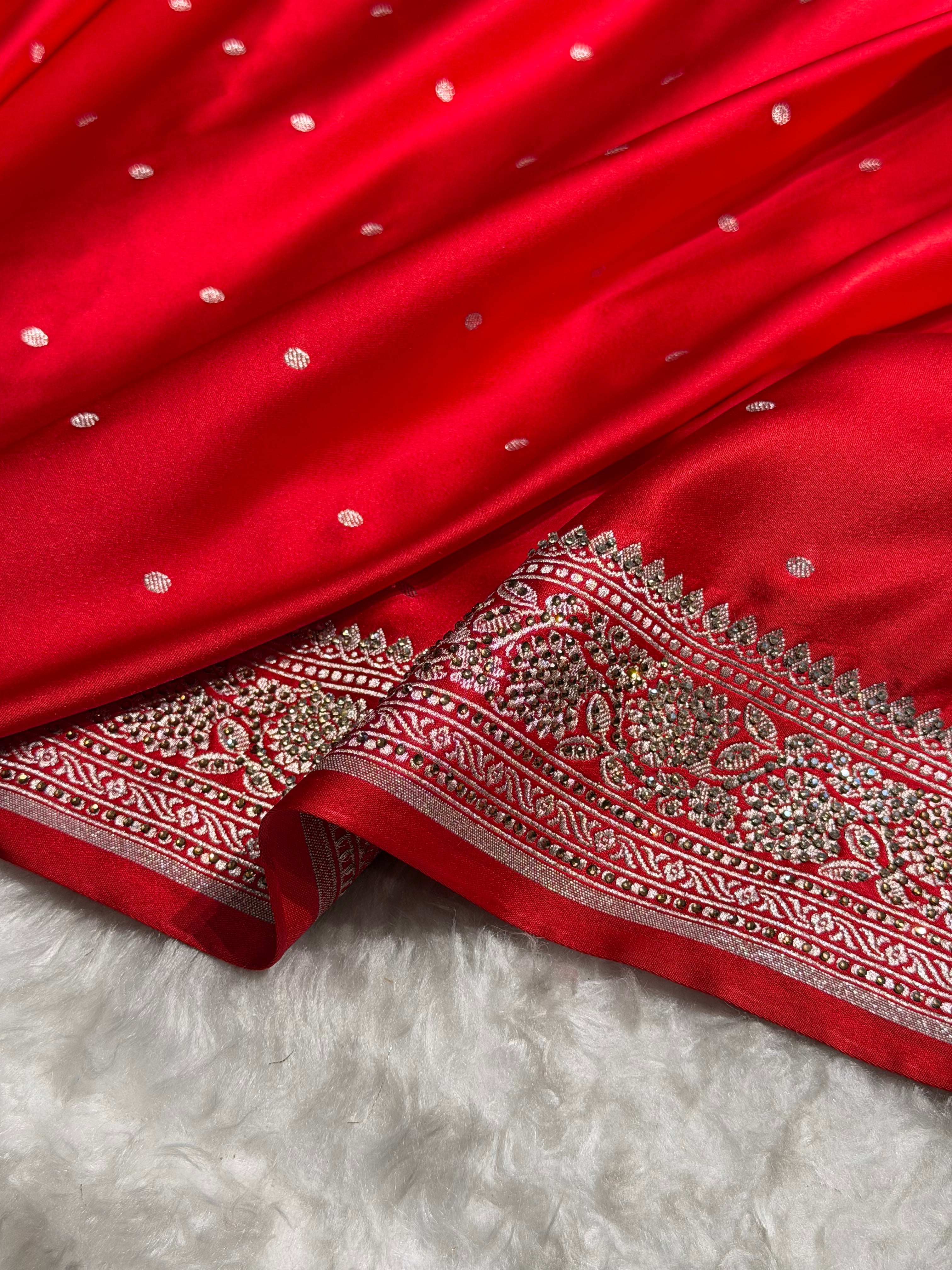 Banarasi Red Shades Booti With Swarovski Stone Work Mashru Silk Saree BMS65